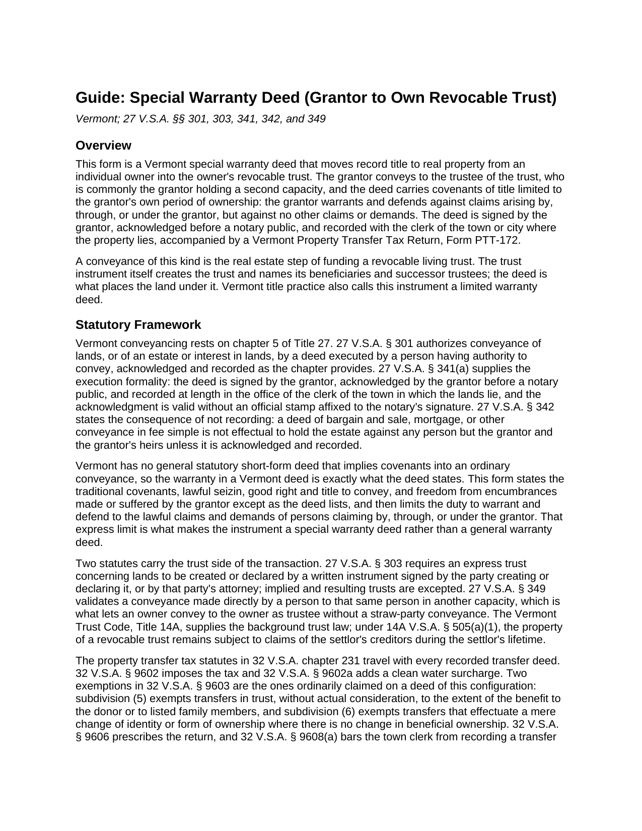 Caledonia County Special Warranty Deed (Grantor to Own Revocable Trust) Guide