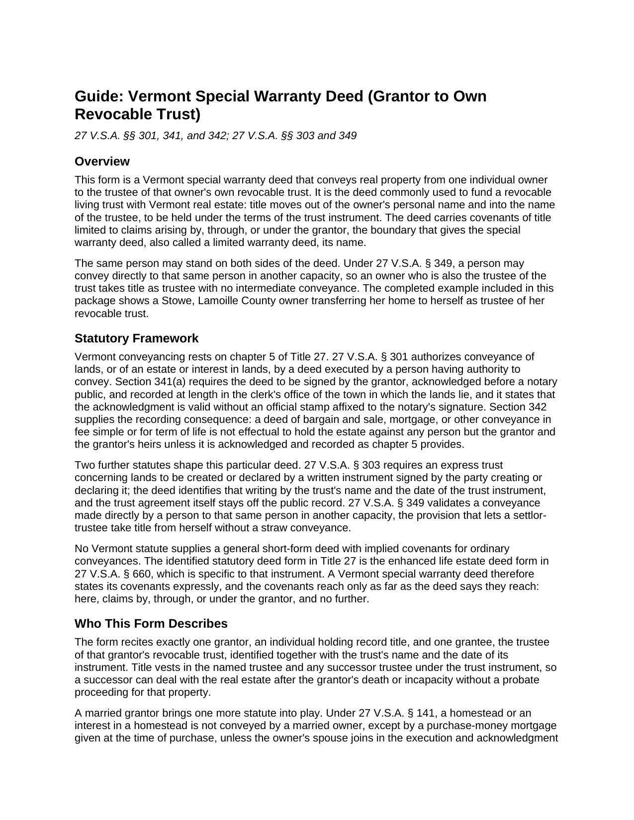 Windham County Special Warranty Deed (Grantor to Own Revocable Trust) Guide