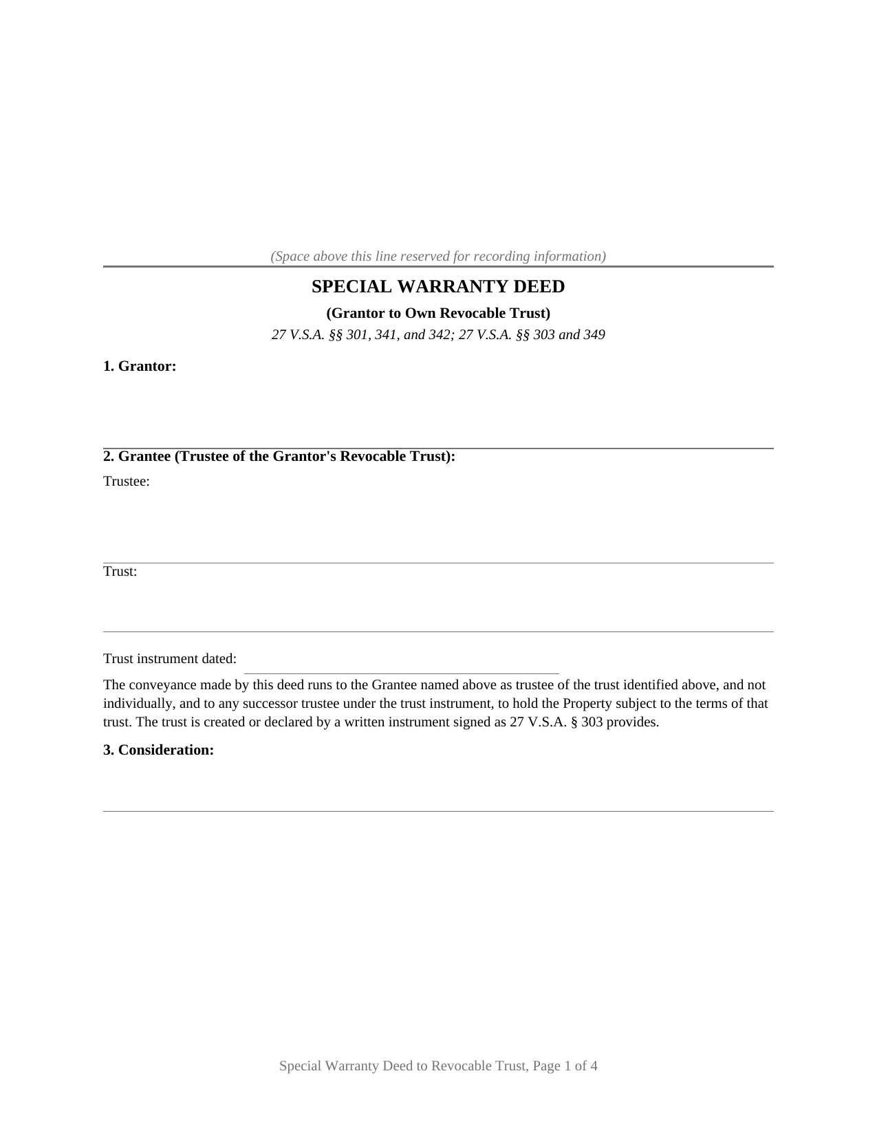 Windham County Special Warranty Deed (Grantor to Own Revocable Trust) Form