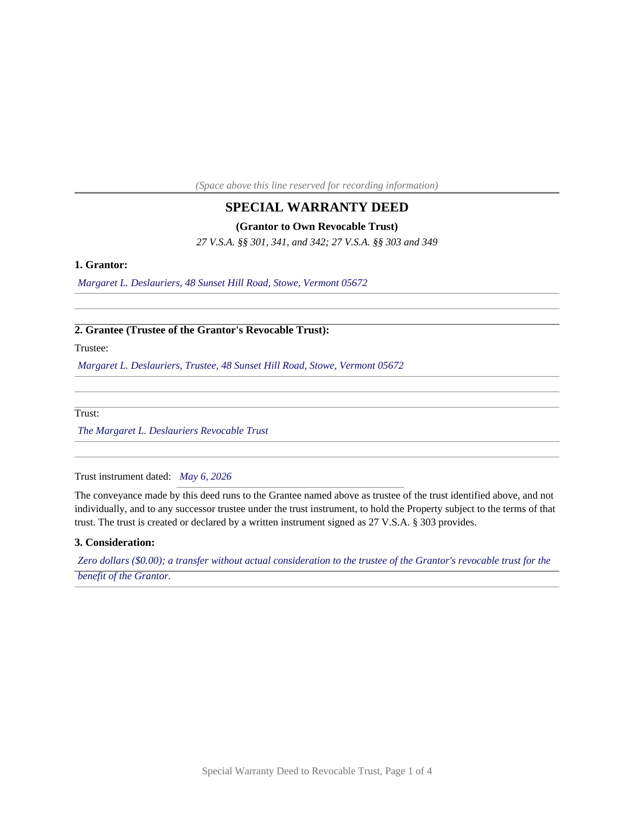 Windham County Completed Example of the Special Warranty Deed (Grantor to Own Revocable Trust) Document