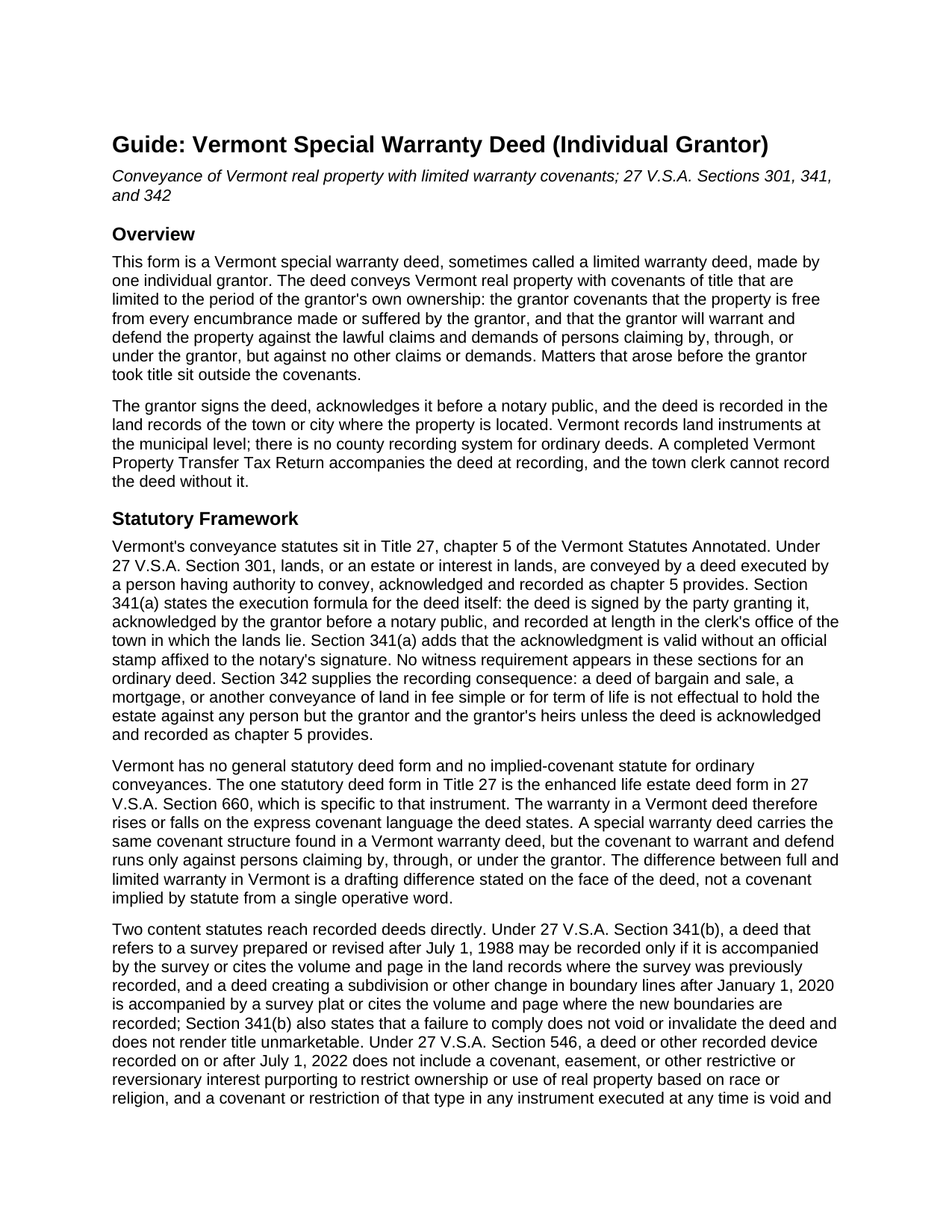 Caledonia County Special Warranty Deed (Individual Grantor) Guide