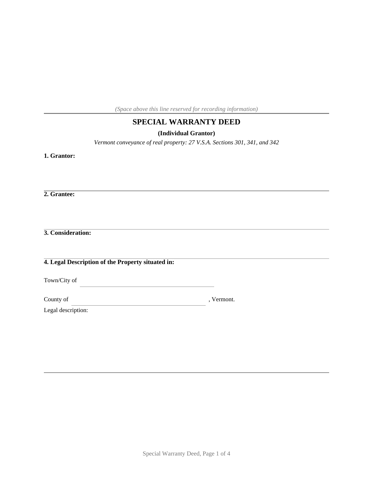 Bennington County Special Warranty Deed (Individual Grantor) Form