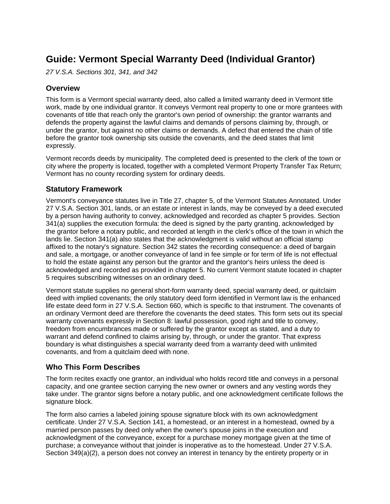 Bennington County Special Warranty Deed (Individual Grantor) Guide
