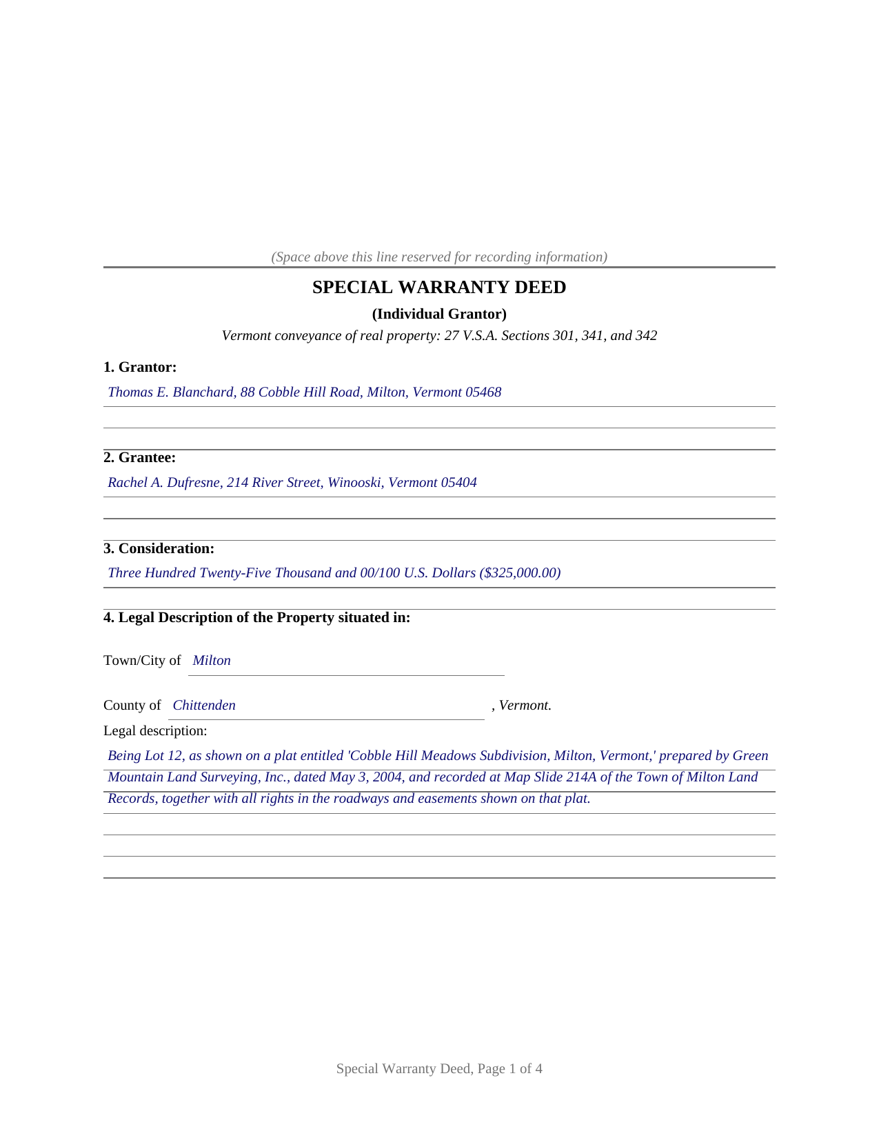 Bennington County Completed Example of the Special Warranty Deed (Individual Grantor) Document