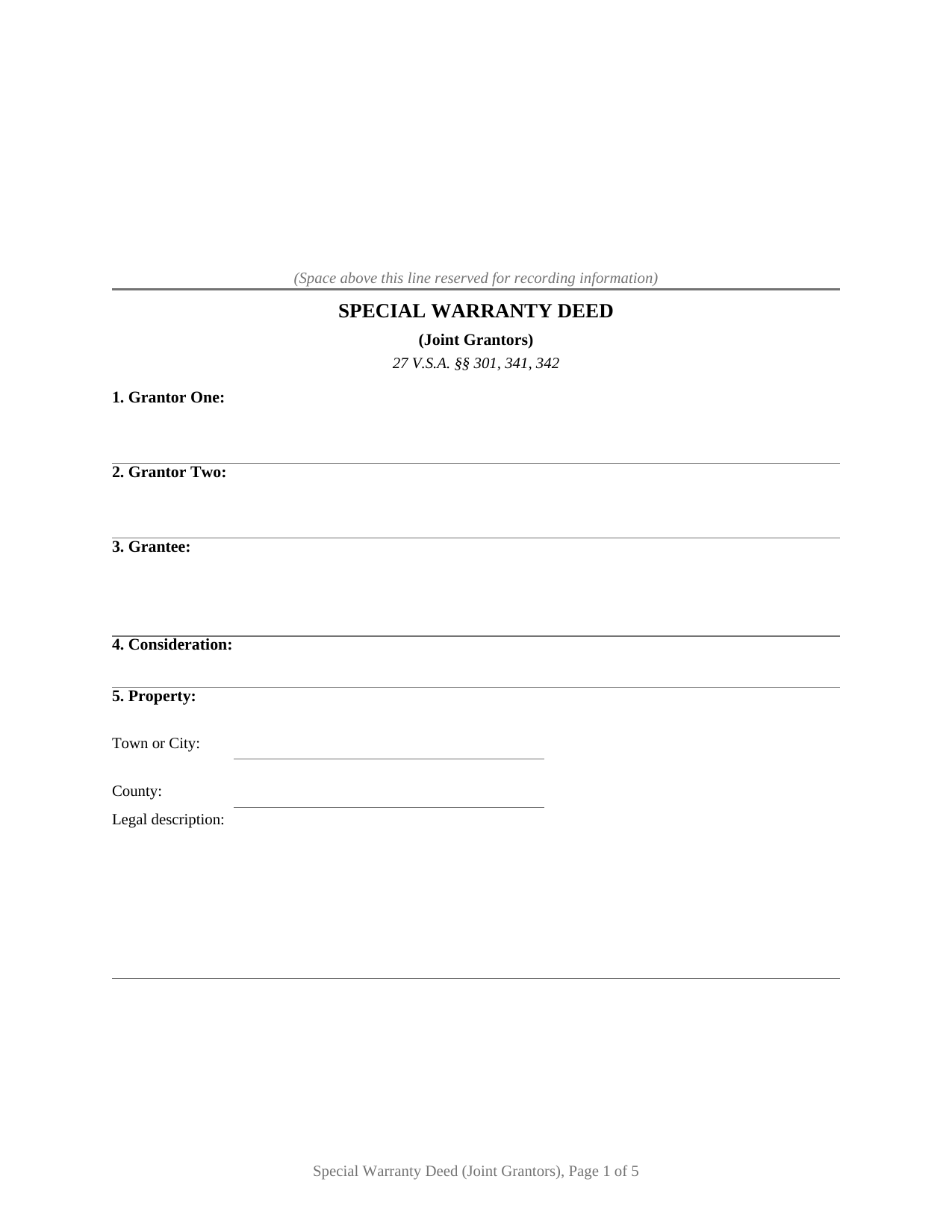 Caledonia County Special Warranty Deed (Joint Grantors) Form