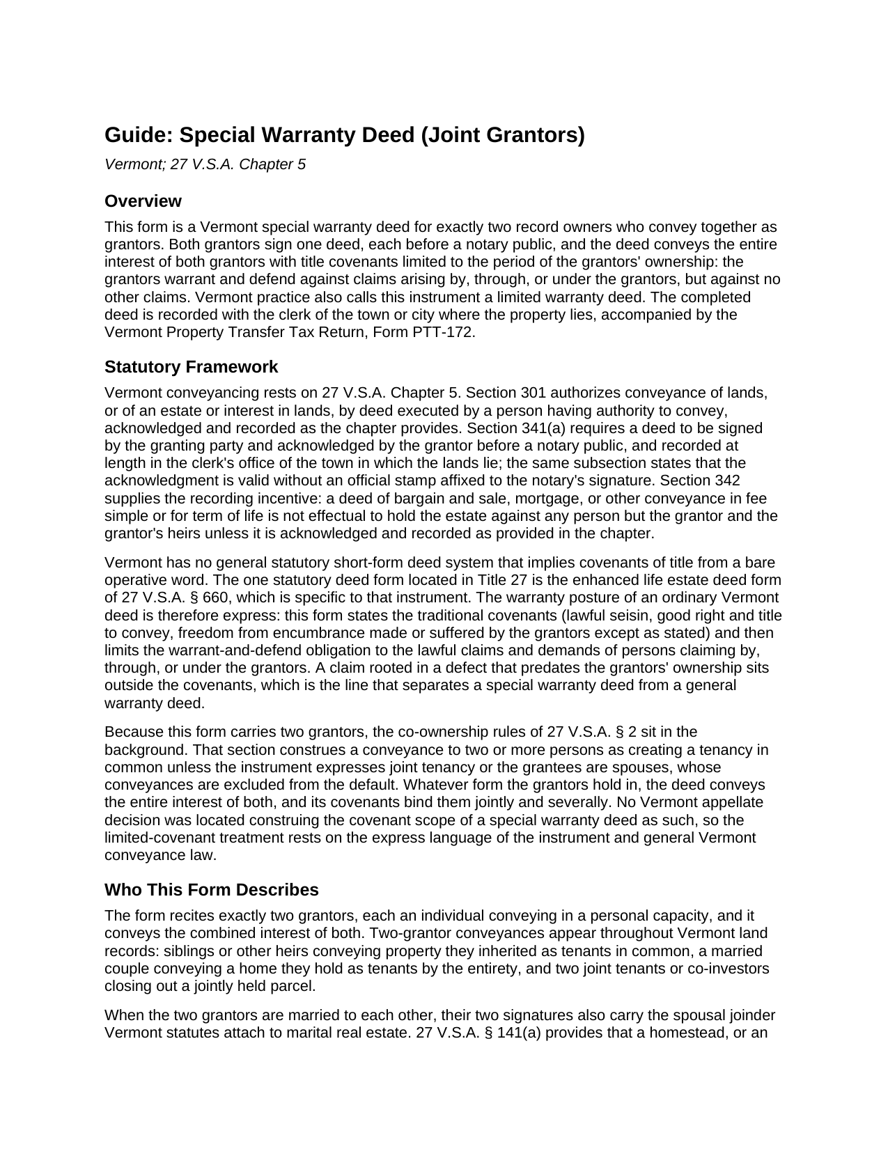 Caledonia County Special Warranty Deed (Joint Grantors) Guide