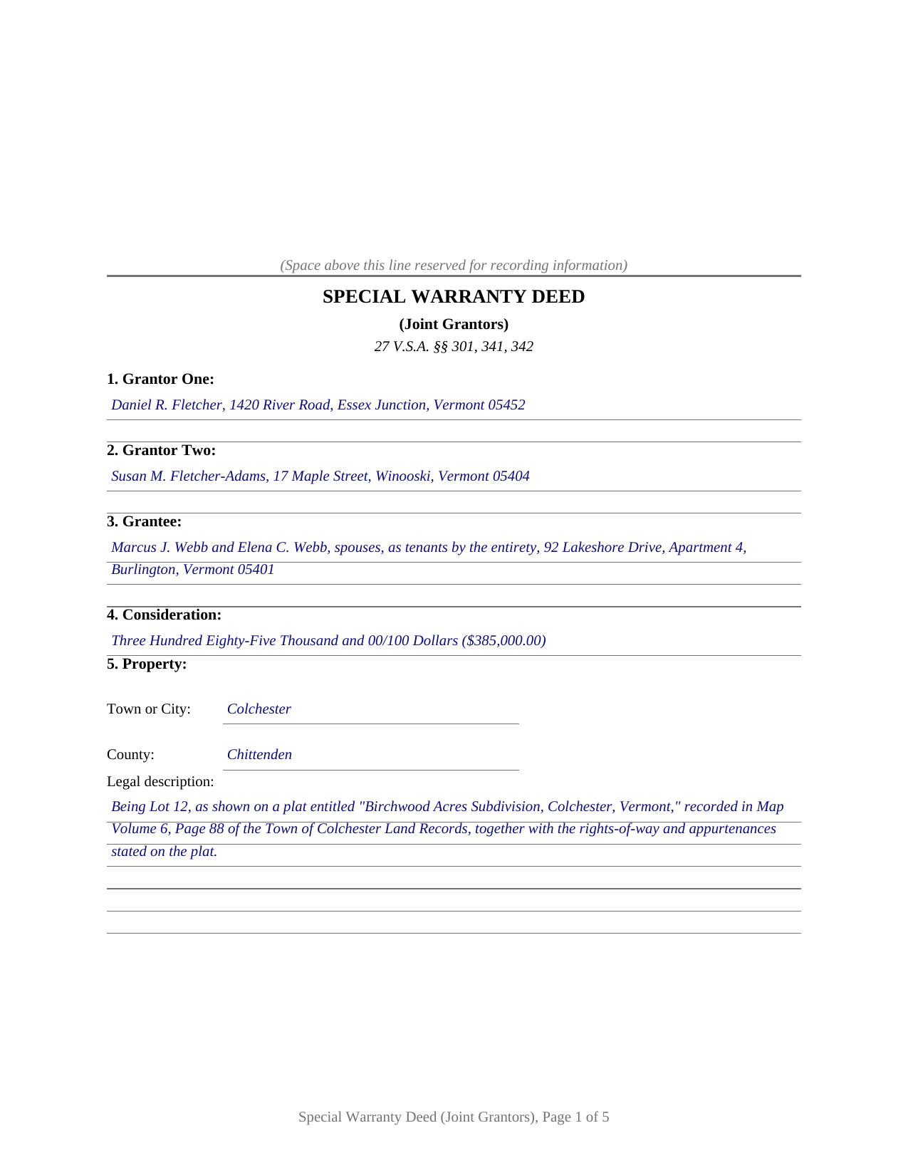 Caledonia County Completed Example of the Special Warranty Deed (Joint Grantors) Document