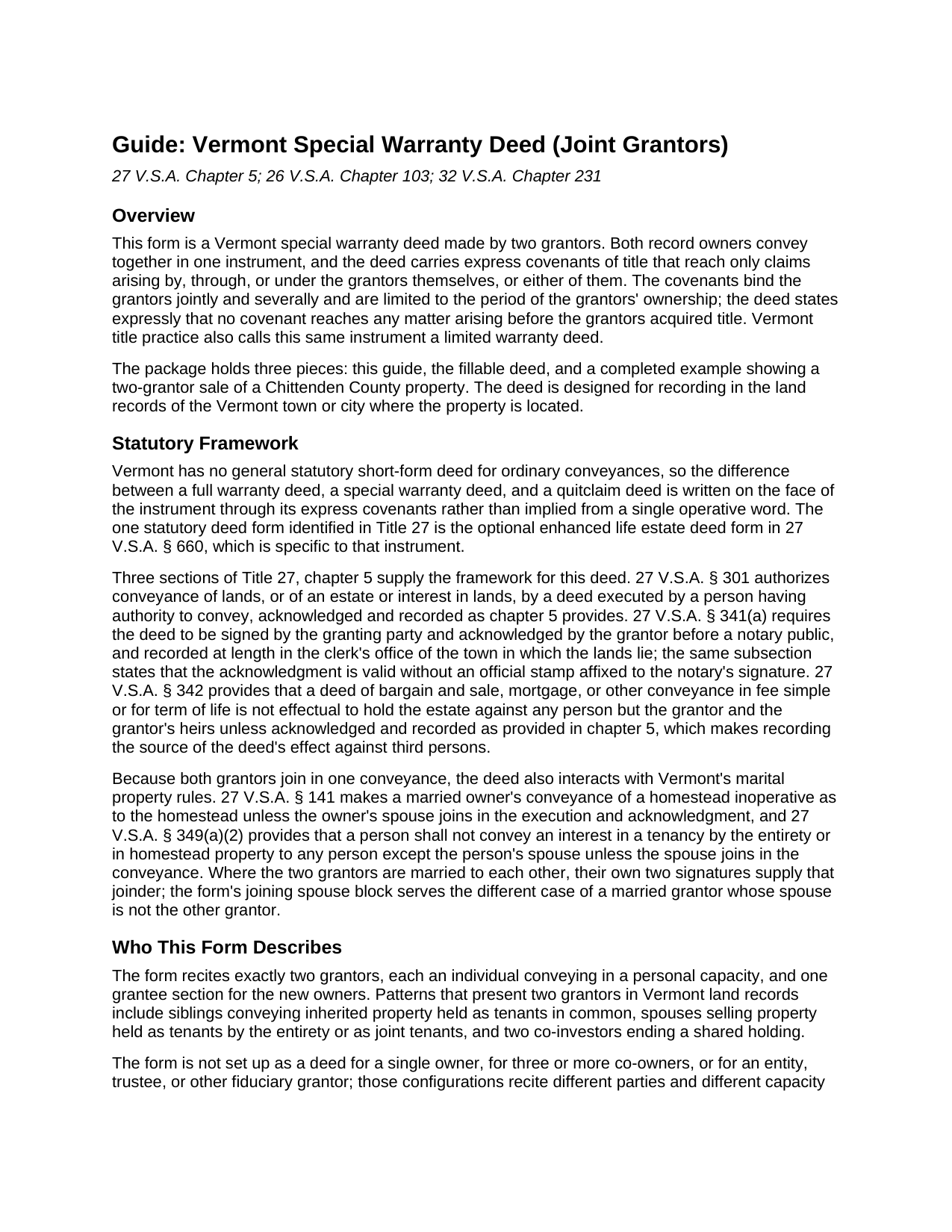 Windsor County Special Warranty Deed (Joint Grantors) Guide