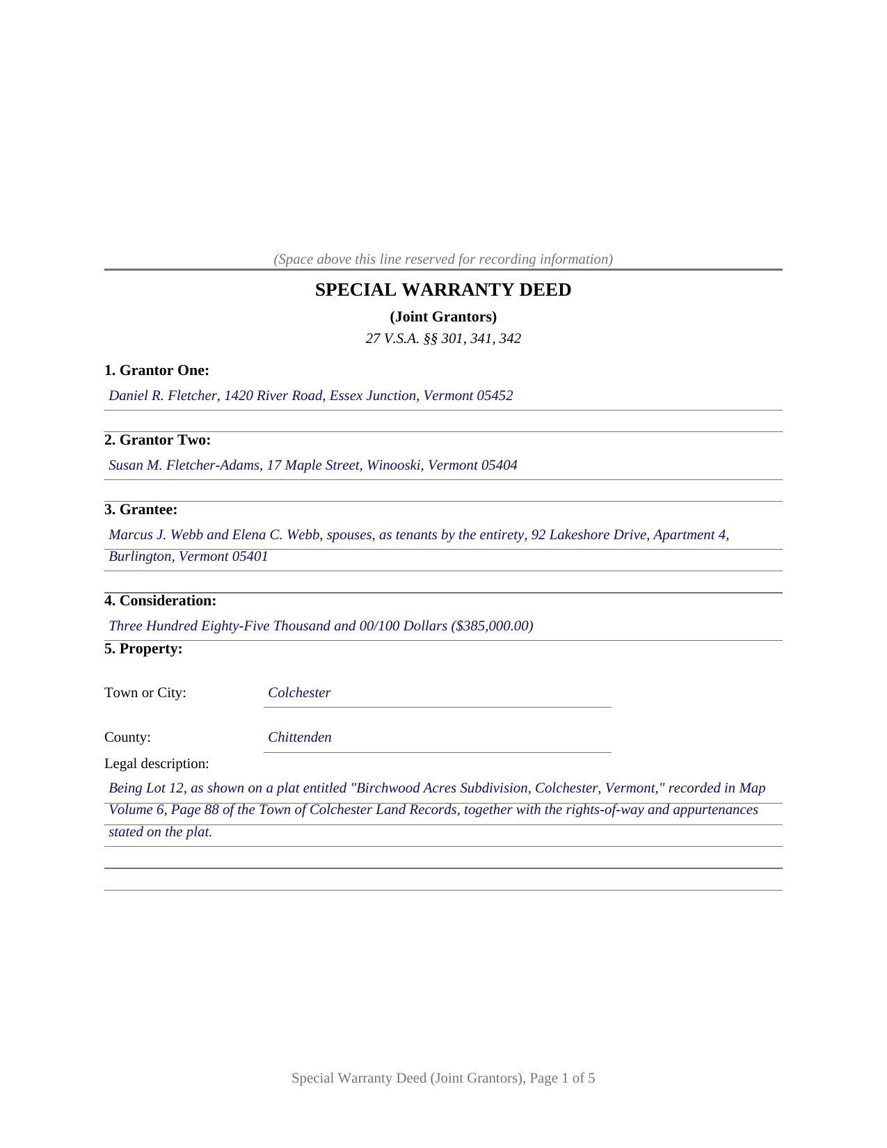 Windsor County Completed Example of the Special Warranty Deed (Joint Grantors) Document