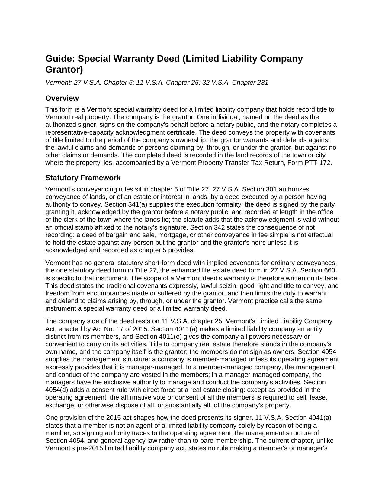 Caledonia County Special Warranty Deed (LLC Grantor) Guide