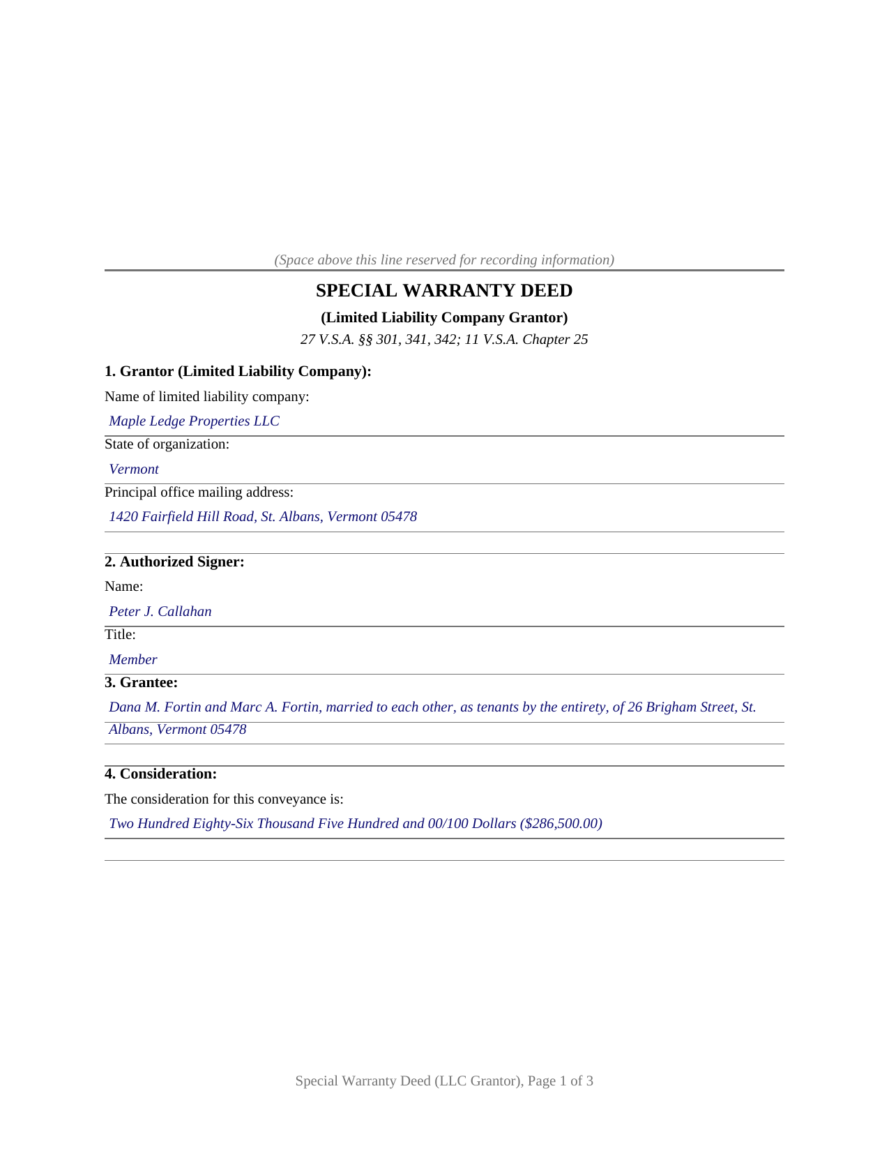 Bennington County Completed Example of the Special Warranty Deed (LLC Grantor) Document