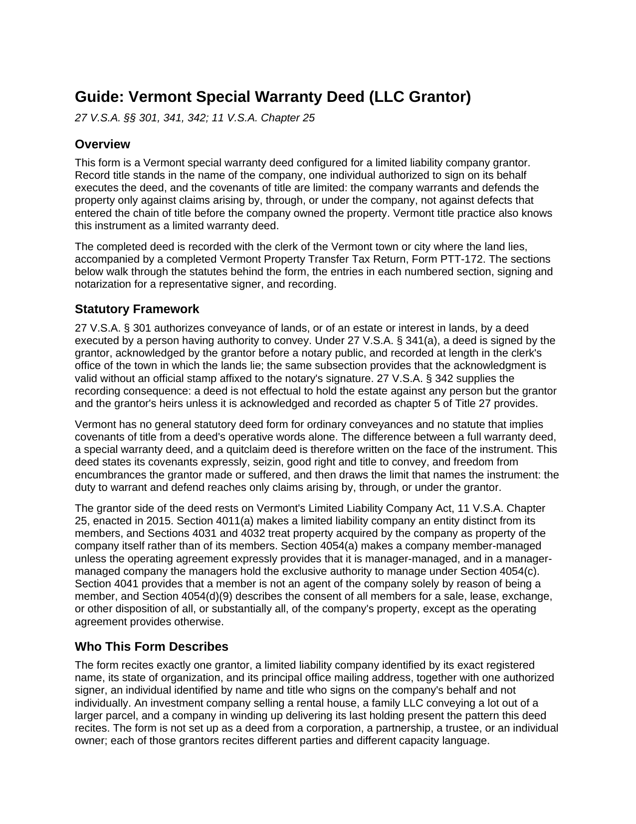 Bennington County Special Warranty Deed (LLC Grantor) Guide