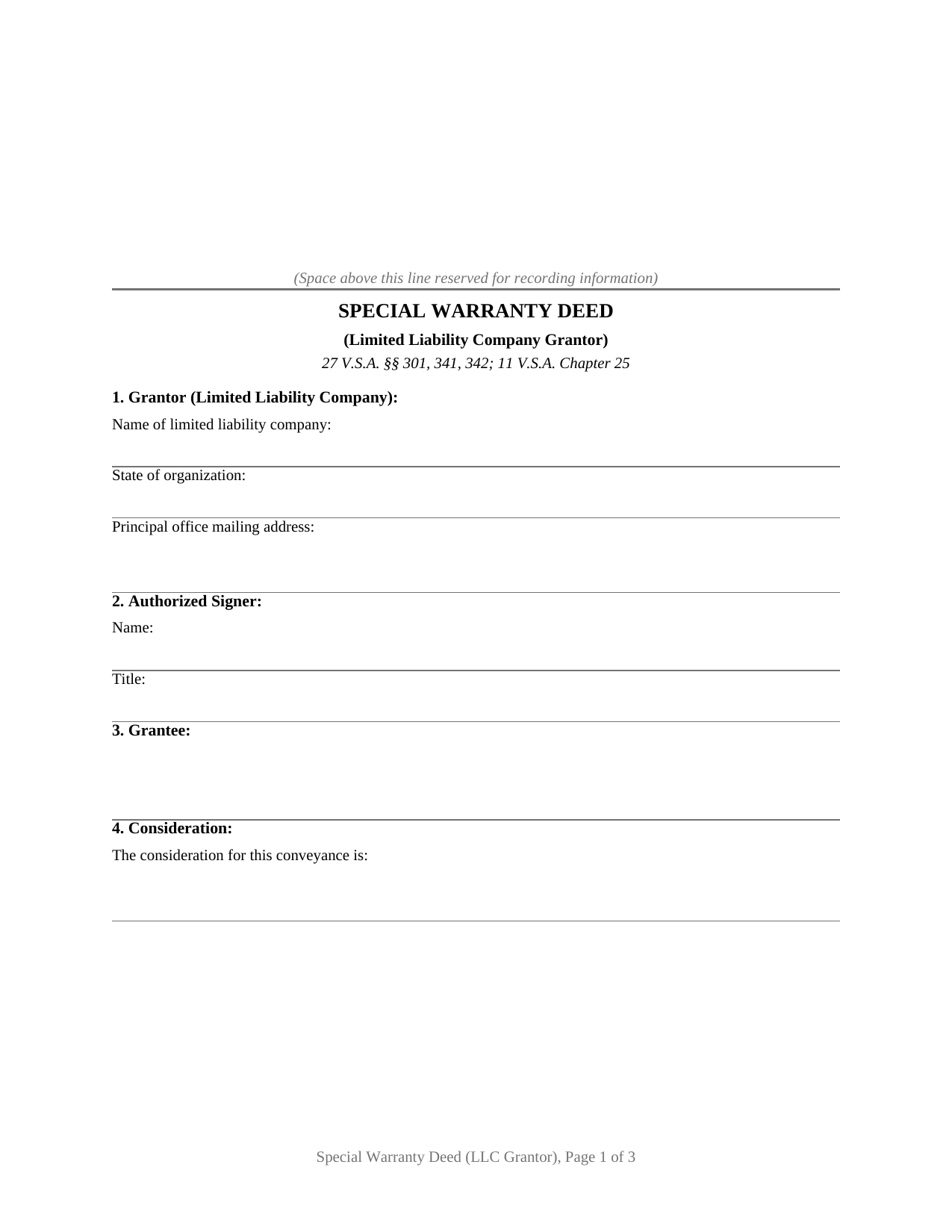 Bennington County Special Warranty Deed (LLC Grantor) Form