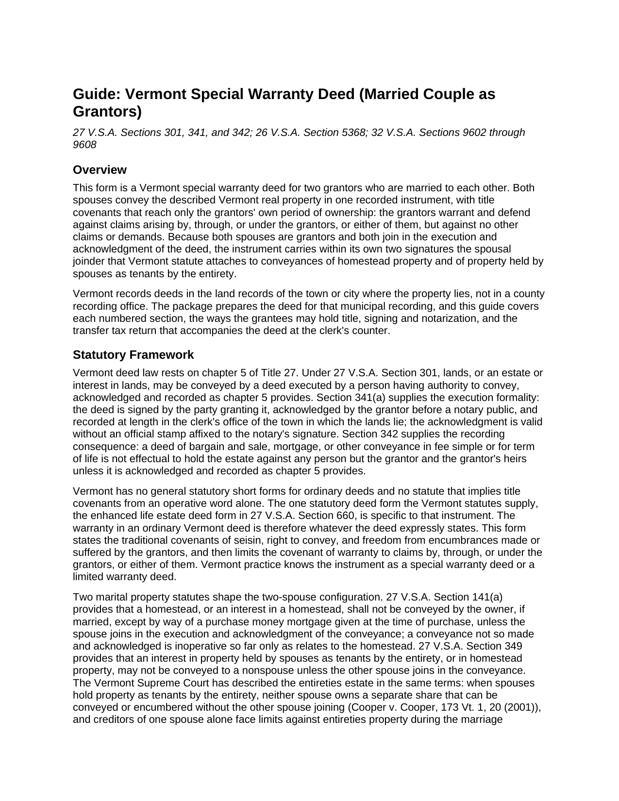 Caledonia County Special Warranty Deed (Married Couple as Grantors) Guide