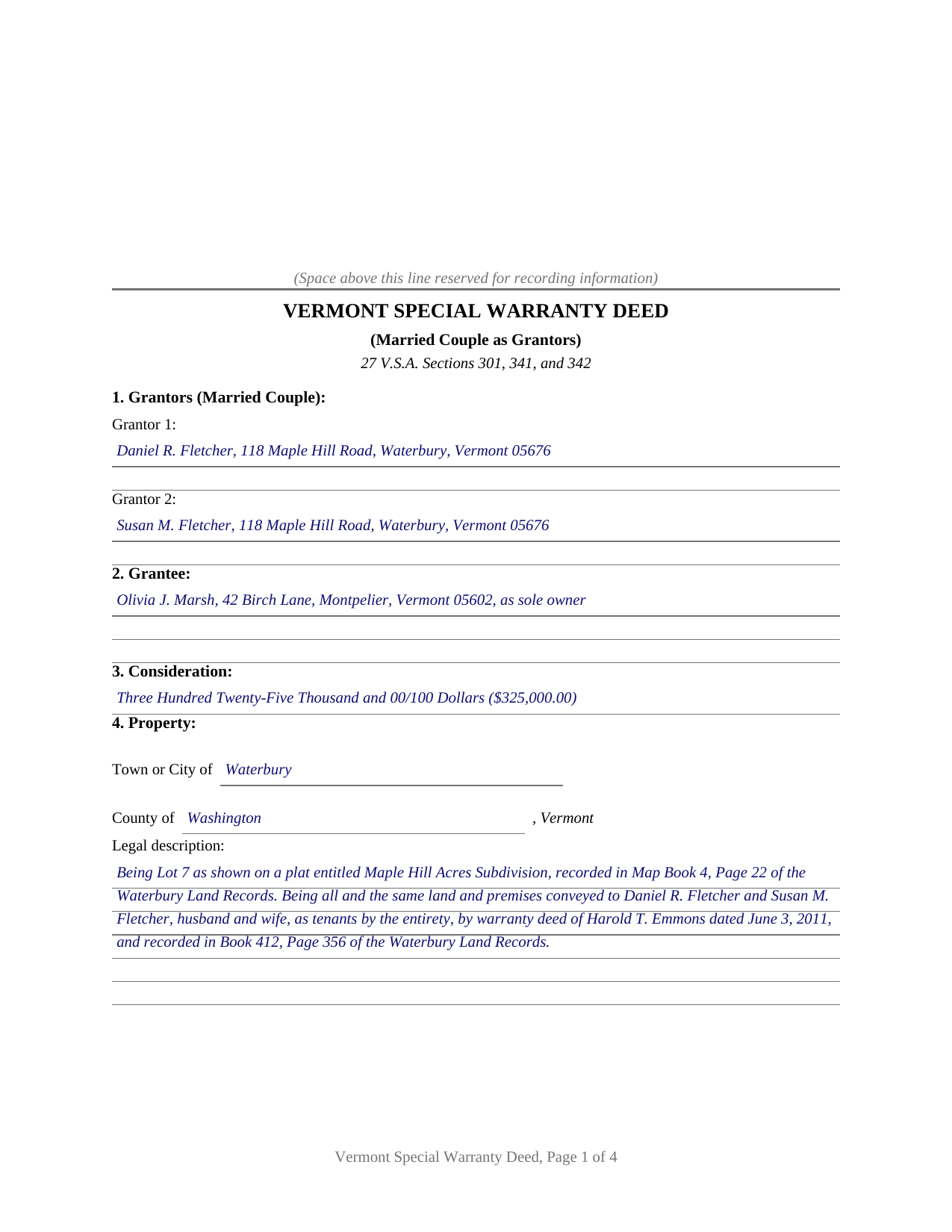 Bennington County Completed Example of the Special Warranty Deed (Married Couple as Grantors) Document