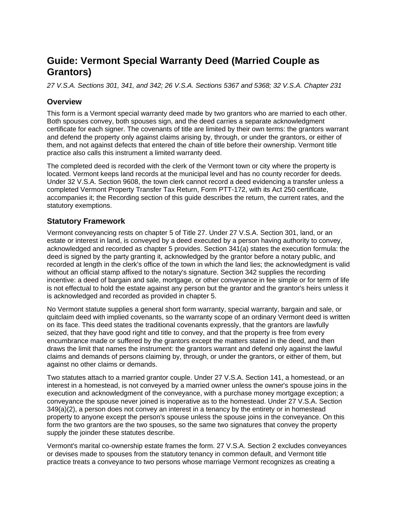 Bennington County Special Warranty Deed (Married Couple as Grantors) Guide