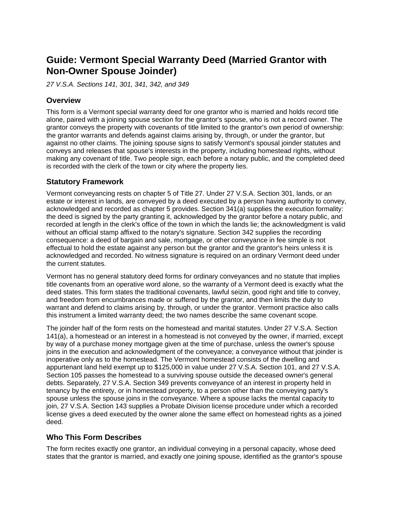 Caledonia County Special Warranty Deed (Married Grantor with Non-Owner Spouse Joinder) Guide