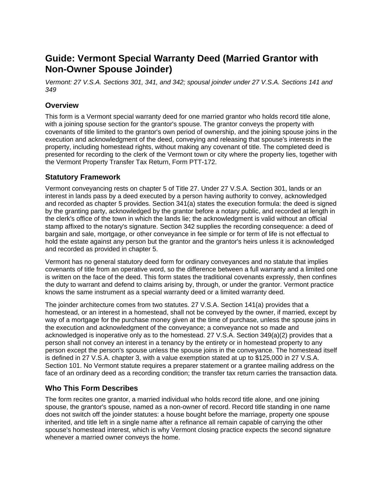 Orleans County Special Warranty Deed (Married Grantor with Non-Owner Spouse Joinder) Guide