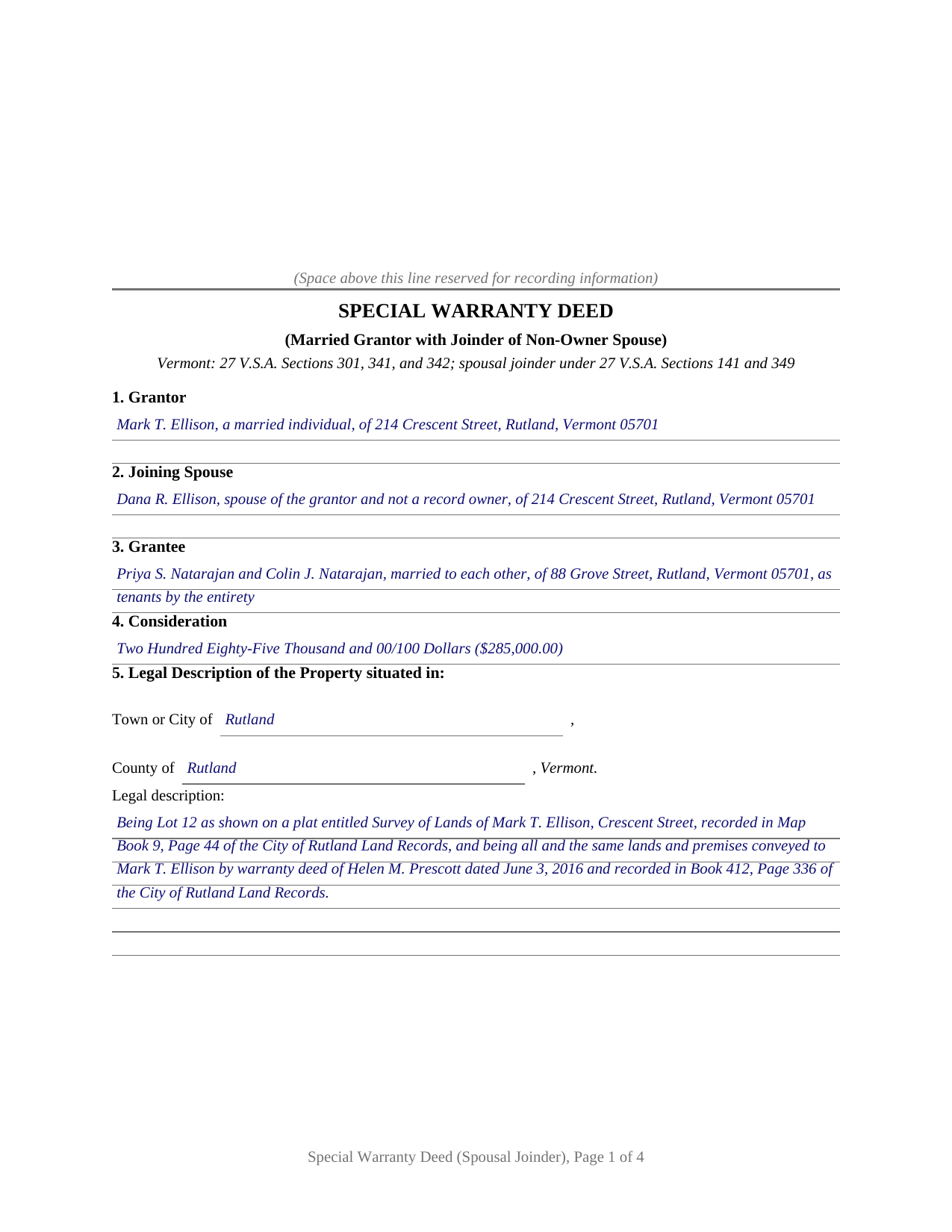 Orleans County Completed Example of the Special Warranty Deed (Married Grantor with Non-Owner Spouse Joinder) Document