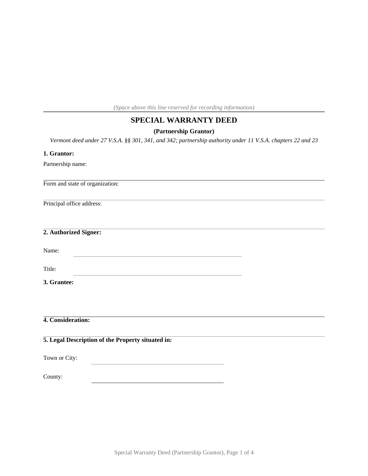 Caledonia County Special Warranty Deed (Partnership Grantor) Form