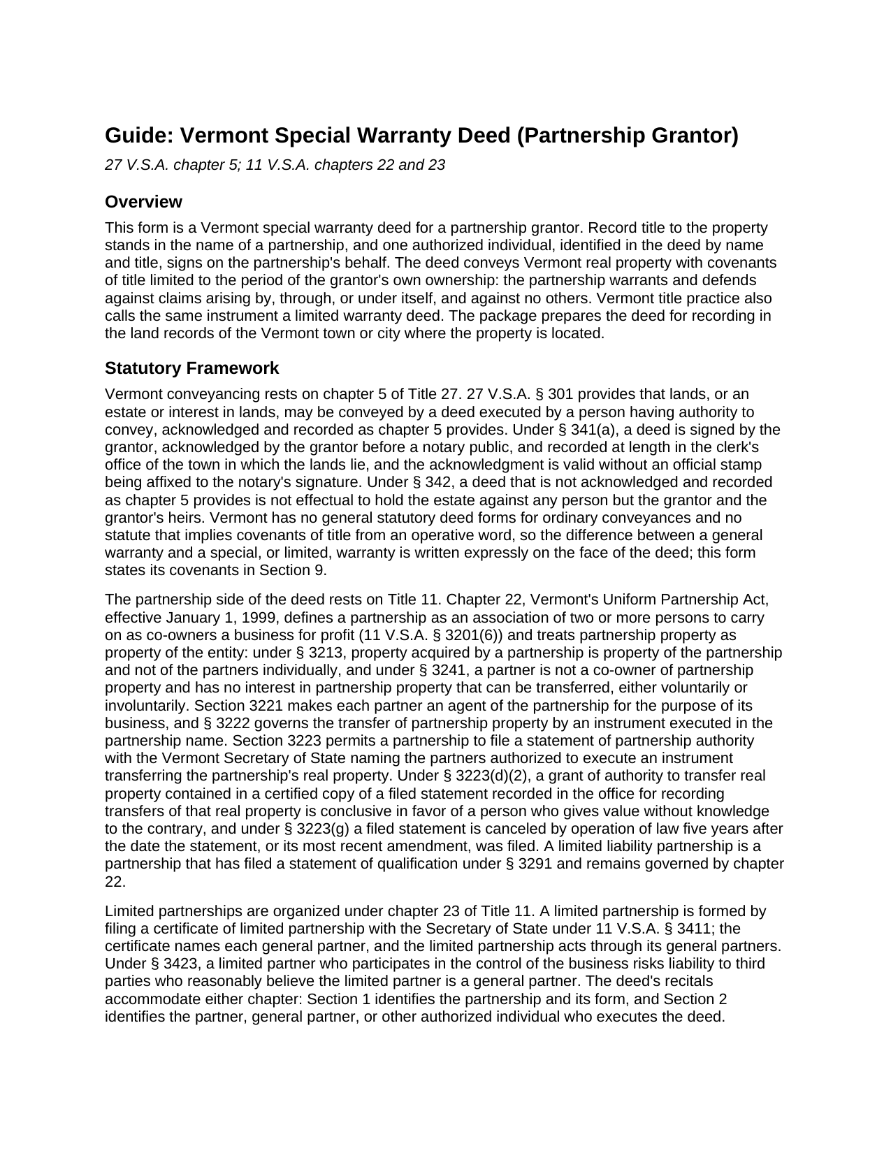Caledonia County Special Warranty Deed (Partnership Grantor) Guide