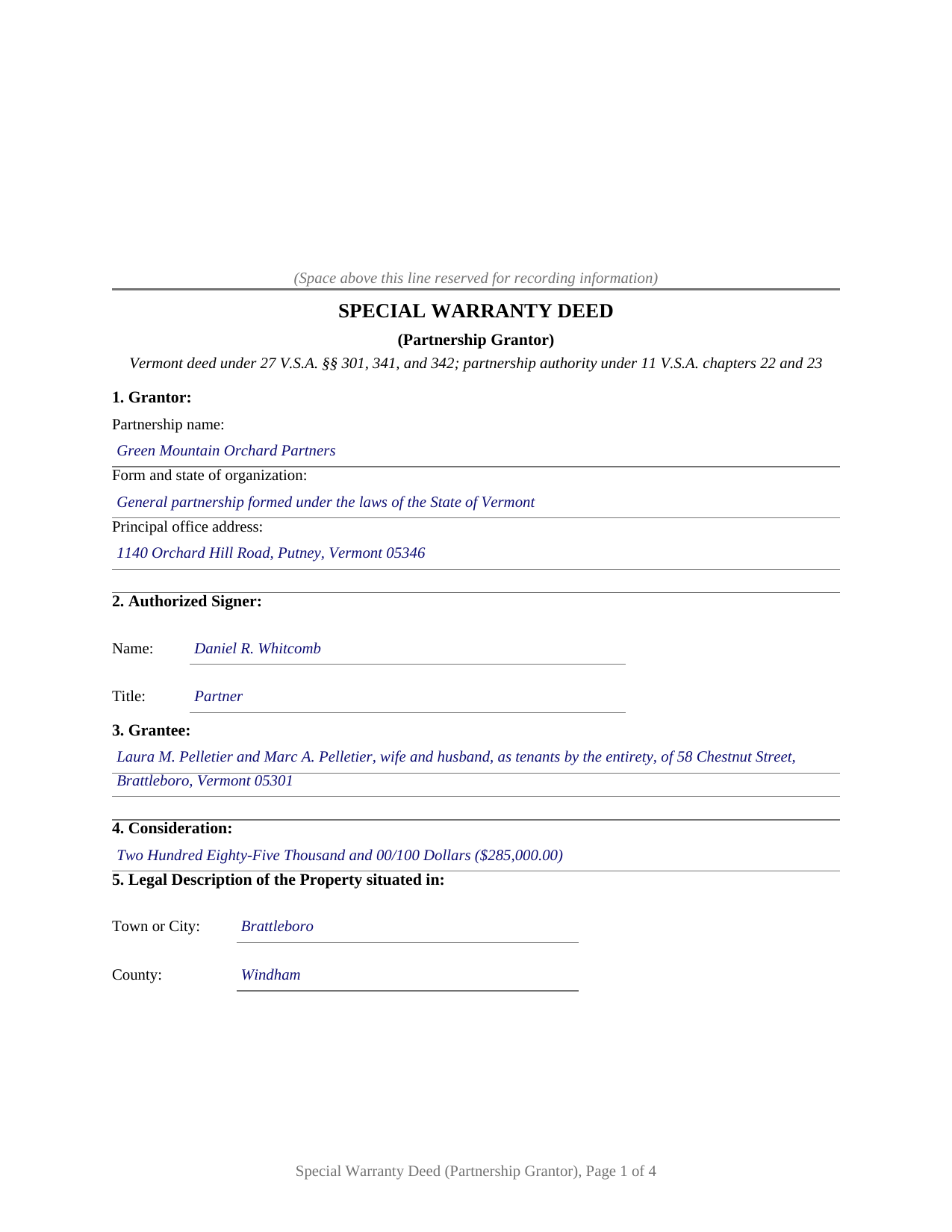 Caledonia County Completed Example of the Special Warranty Deed (Partnership Grantor) Document