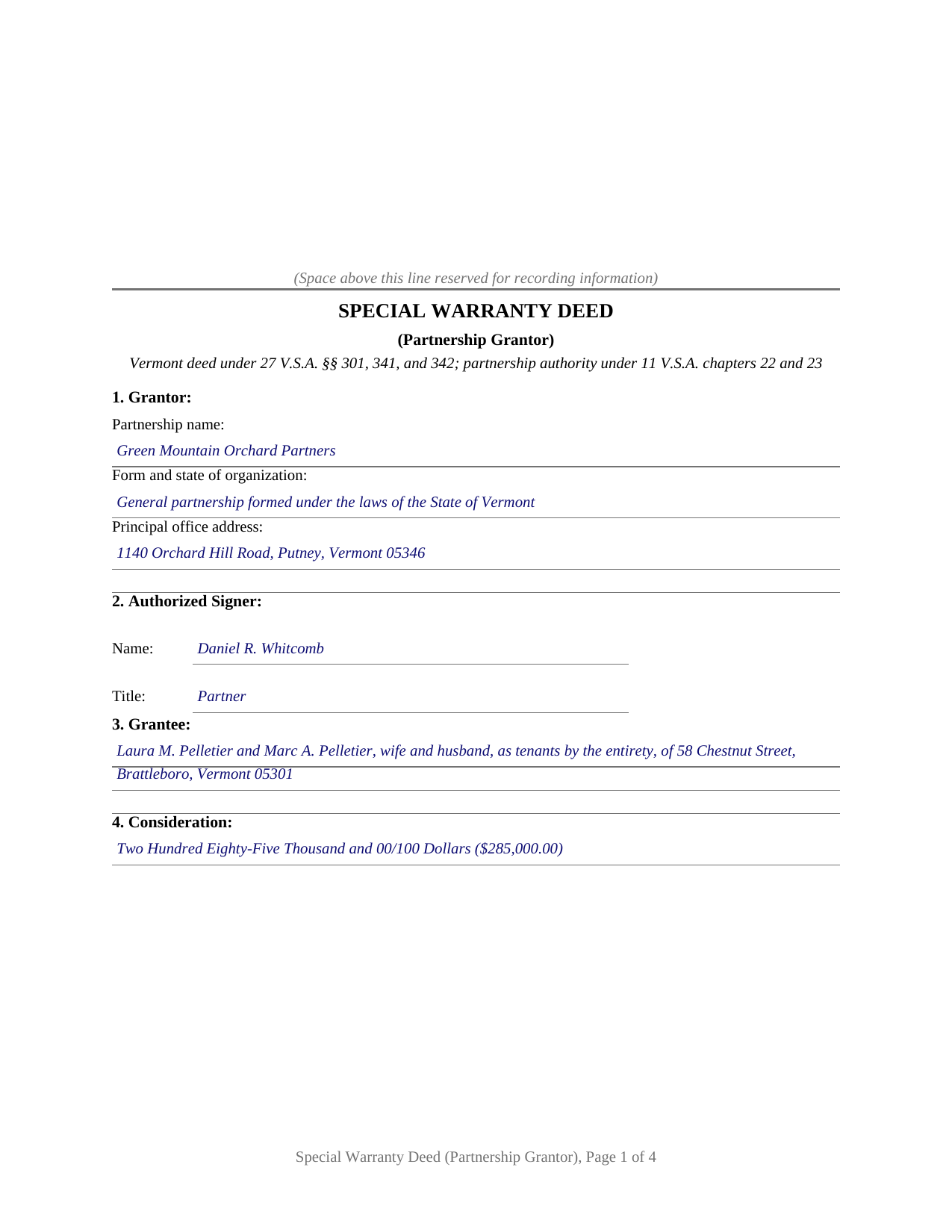 Essex County Completed Example of the Special Warranty Deed (Partnership Grantor) Document