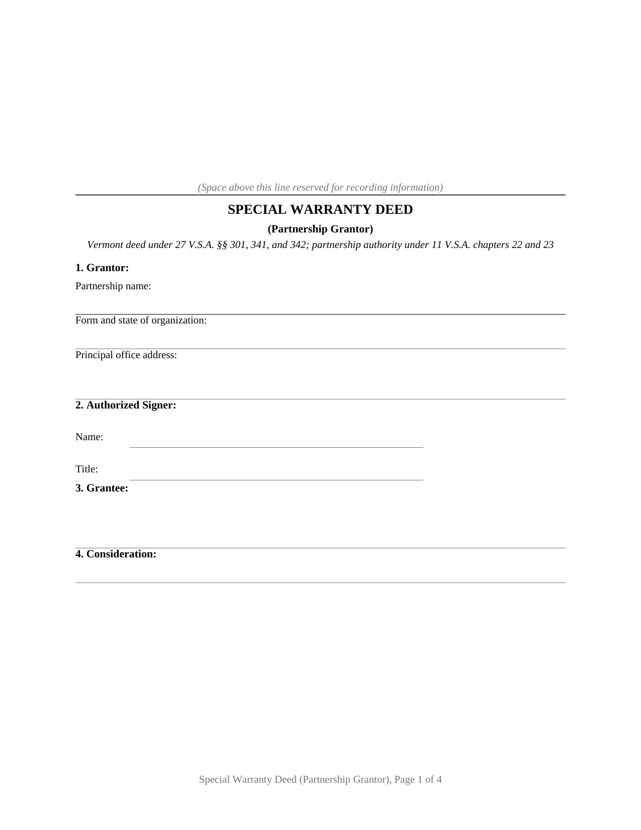 Essex County Special Warranty Deed (Partnership Grantor) Form