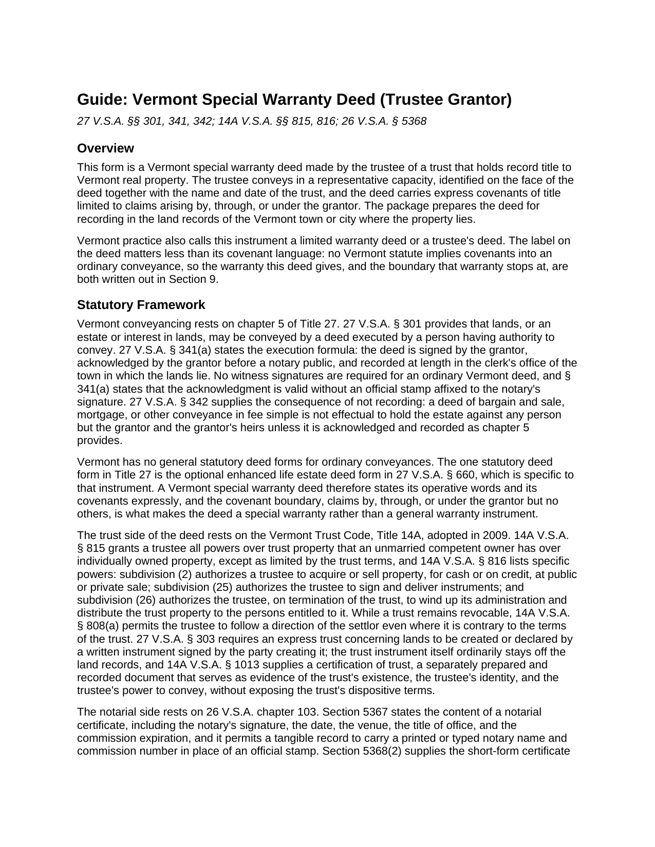 Caledonia County Special Warranty Deed (Trustee Grantor) Guide