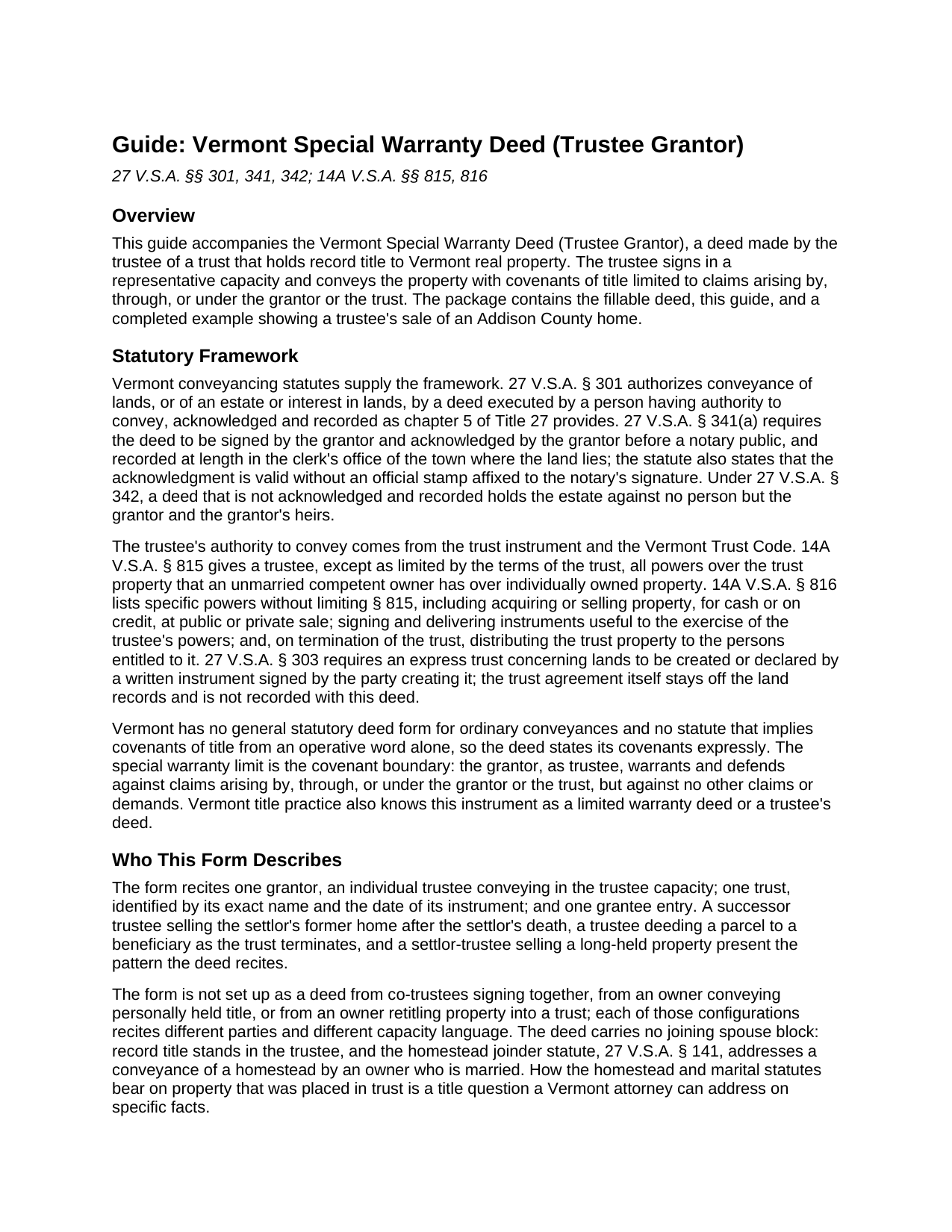 Windsor County Special Warranty Deed (Trustee Grantor) Guide