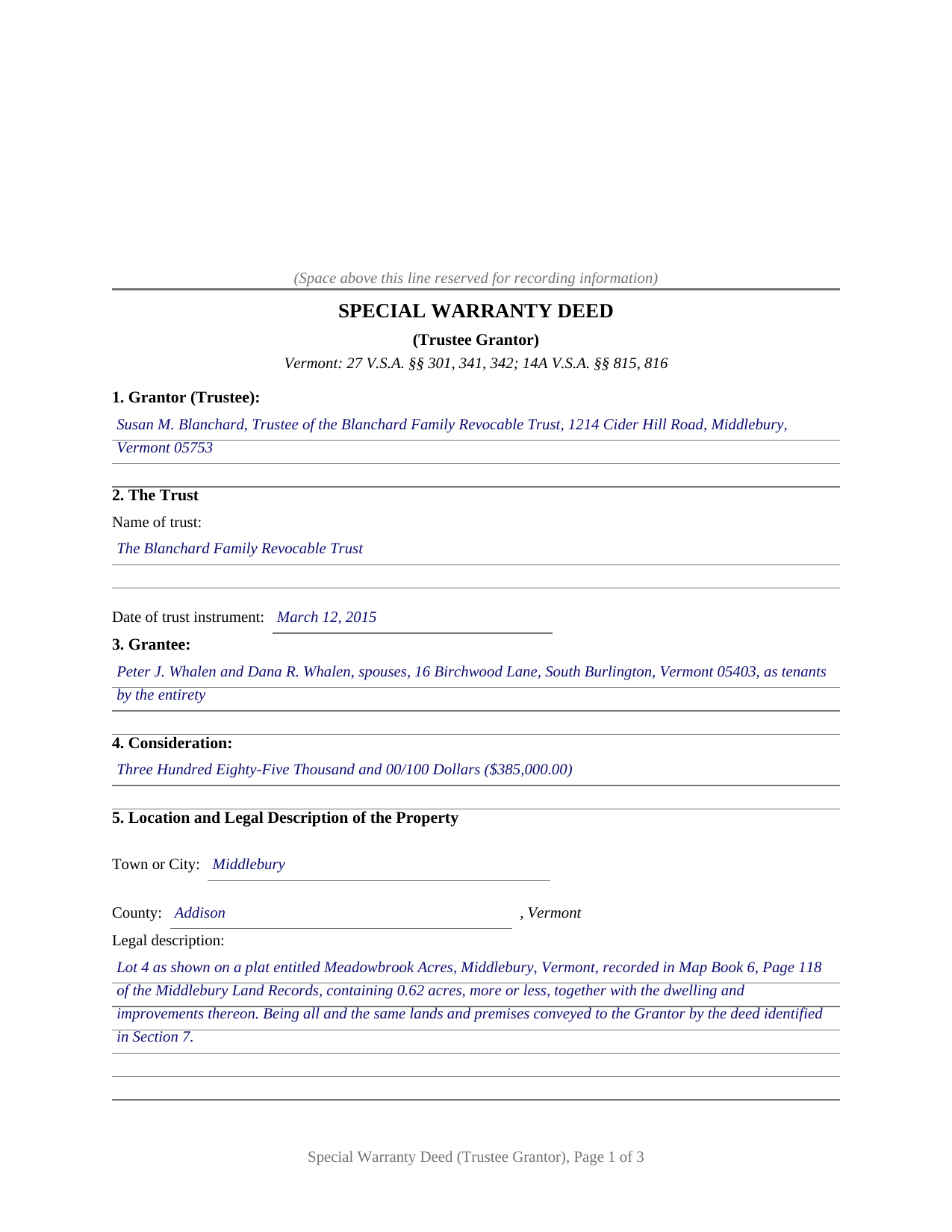 Windsor County Completed Example of the Special Warranty Deed (Trustee Grantor) Document
