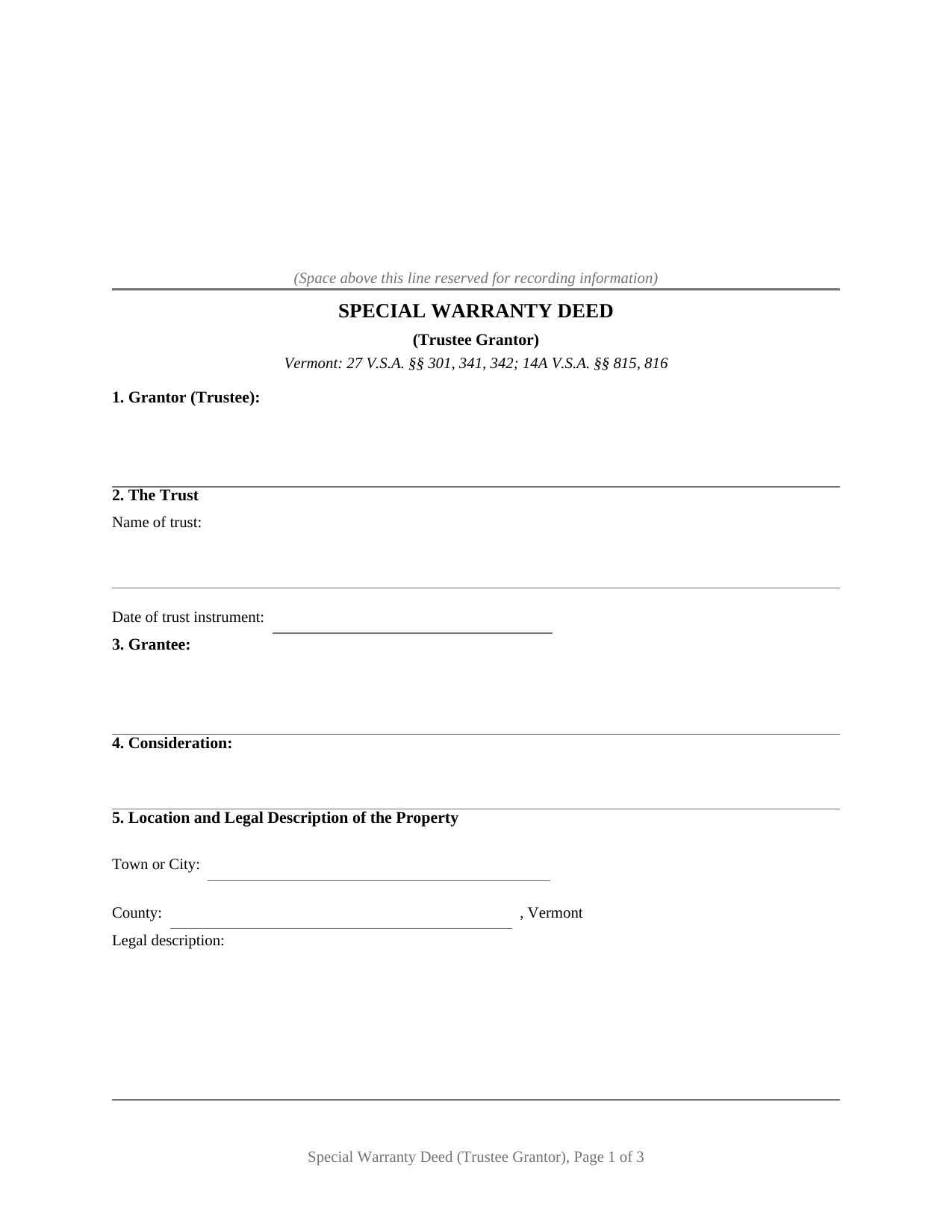 Windsor County Special Warranty Deed (Trustee Grantor) Form