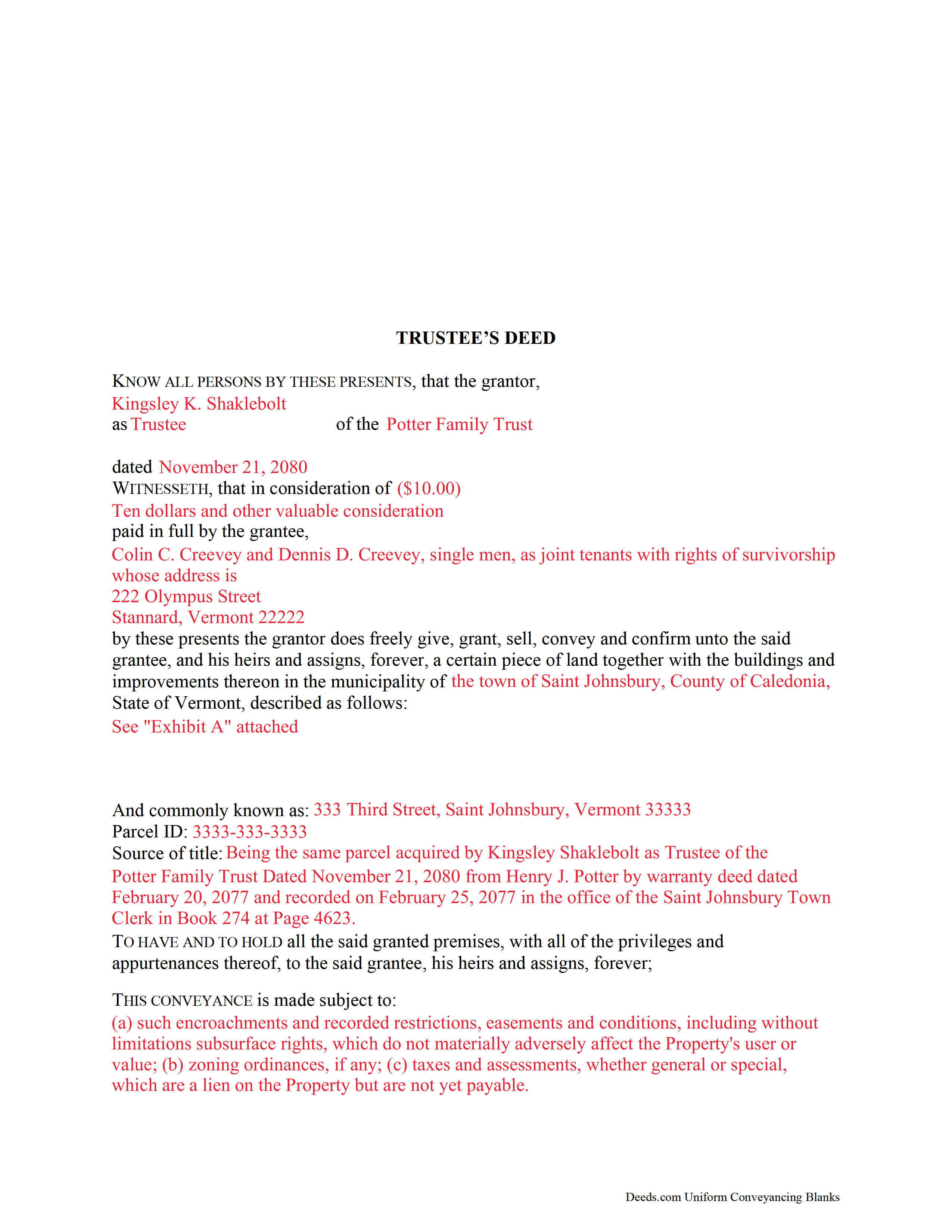 Addison County Completed Example of the Trustee Deed Document