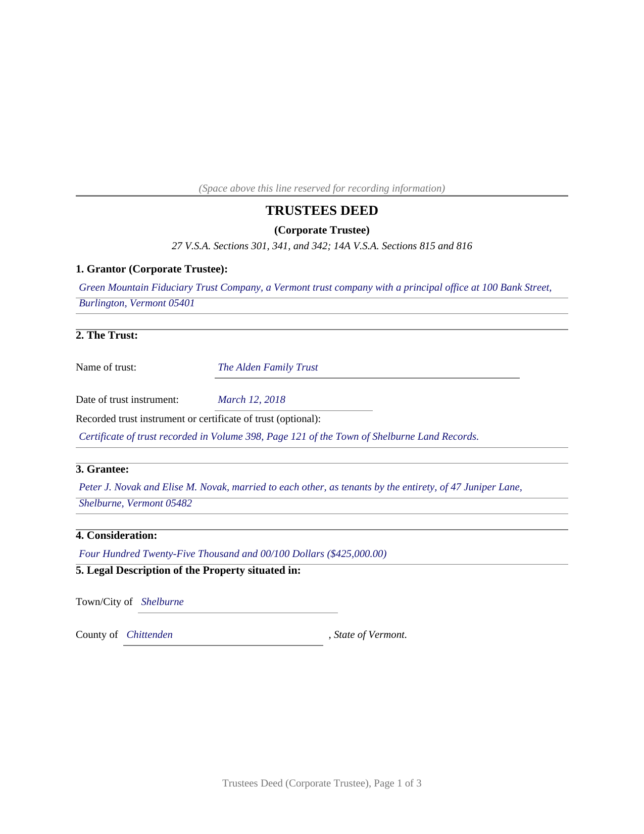 Essex County Completed Example of the Trustees Deed (Corporate Trustee) Document