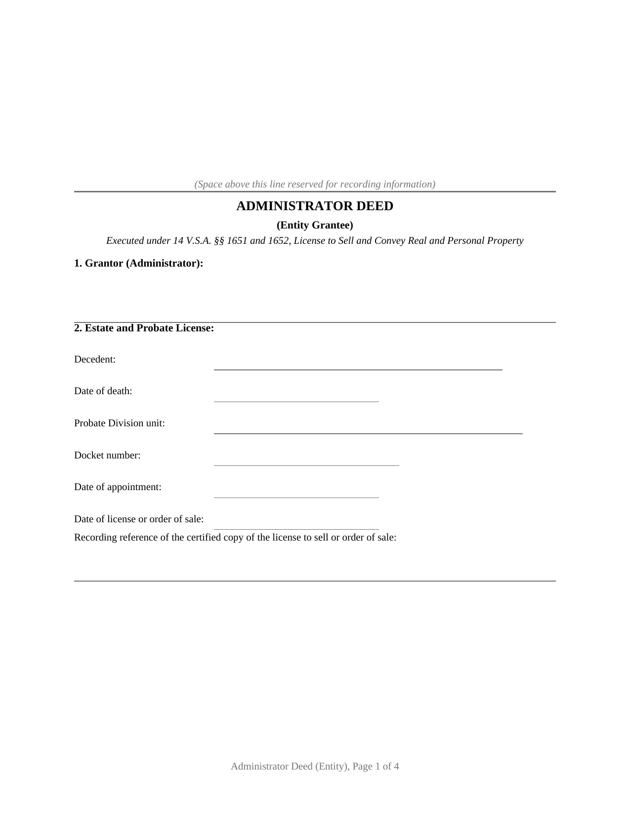 Vermont Administrator Deed (Entity)