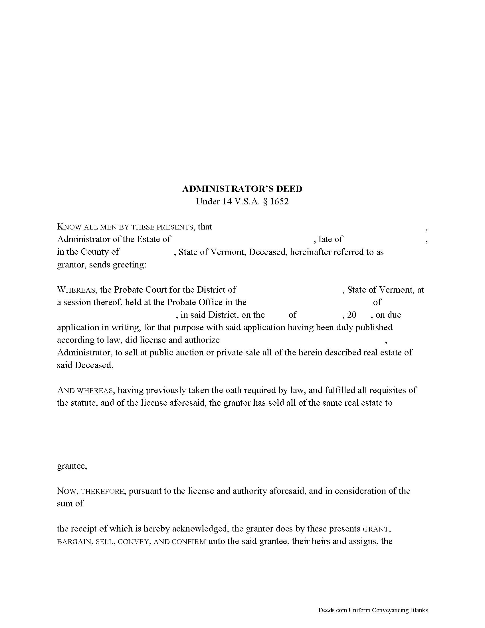 Vermont Administrator Deed Image