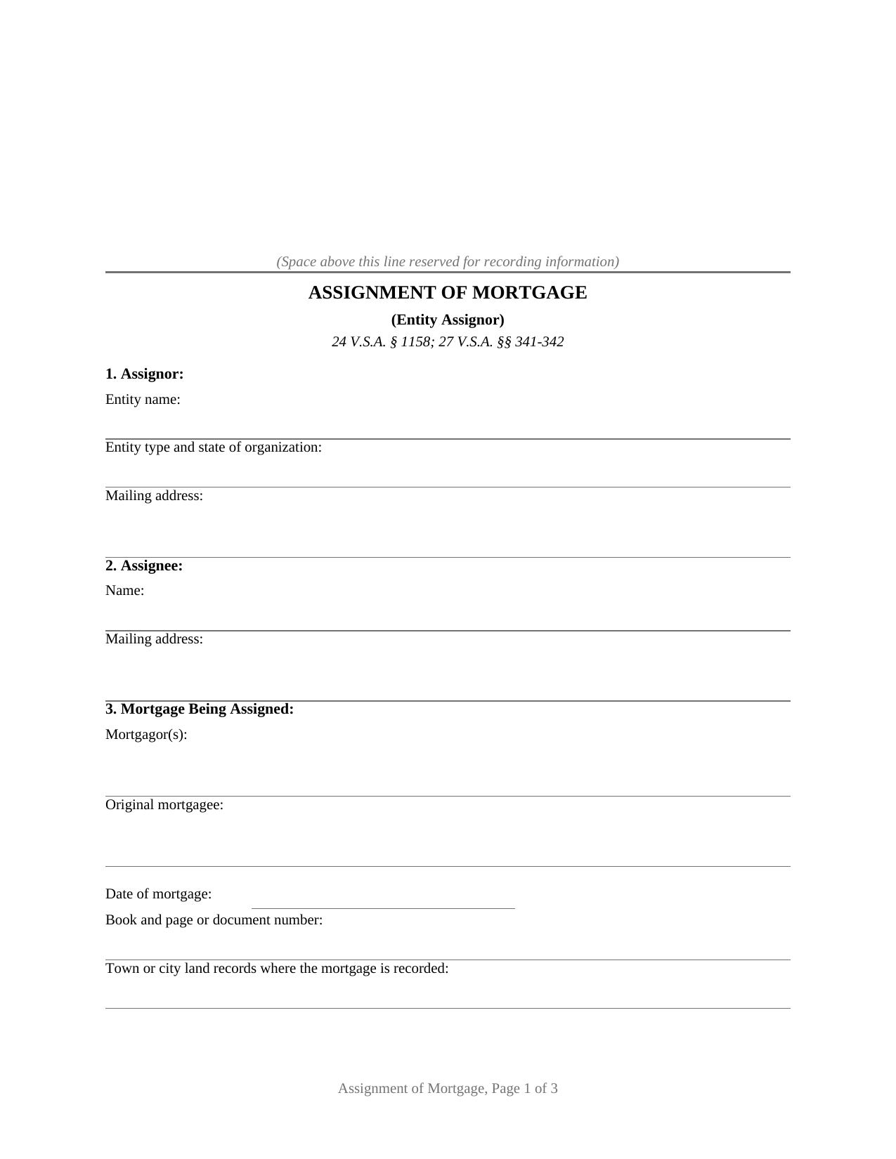 Vermont Assignment of Mortgage (Entity)