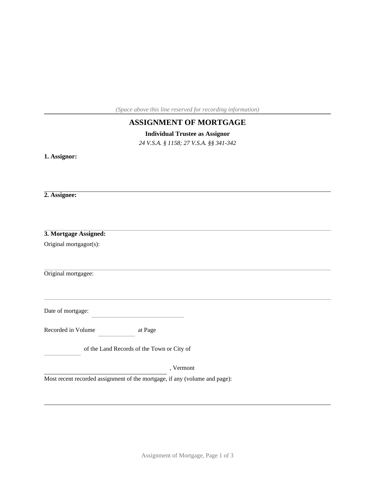 Vermont Assignment of Mortgage (Individual Trustee)
