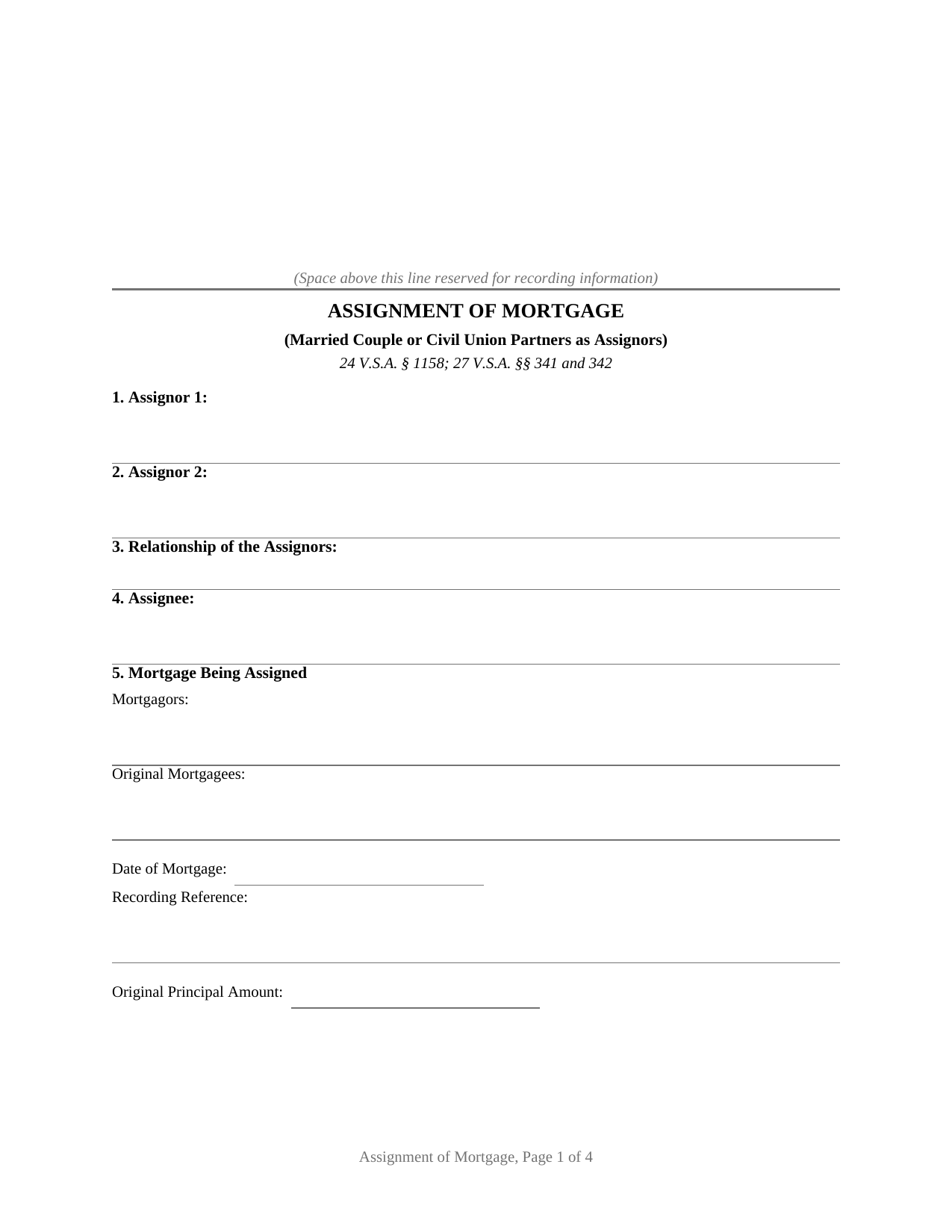Vermont Assignment of Mortgage (Married Couple or Civil Union Partners)