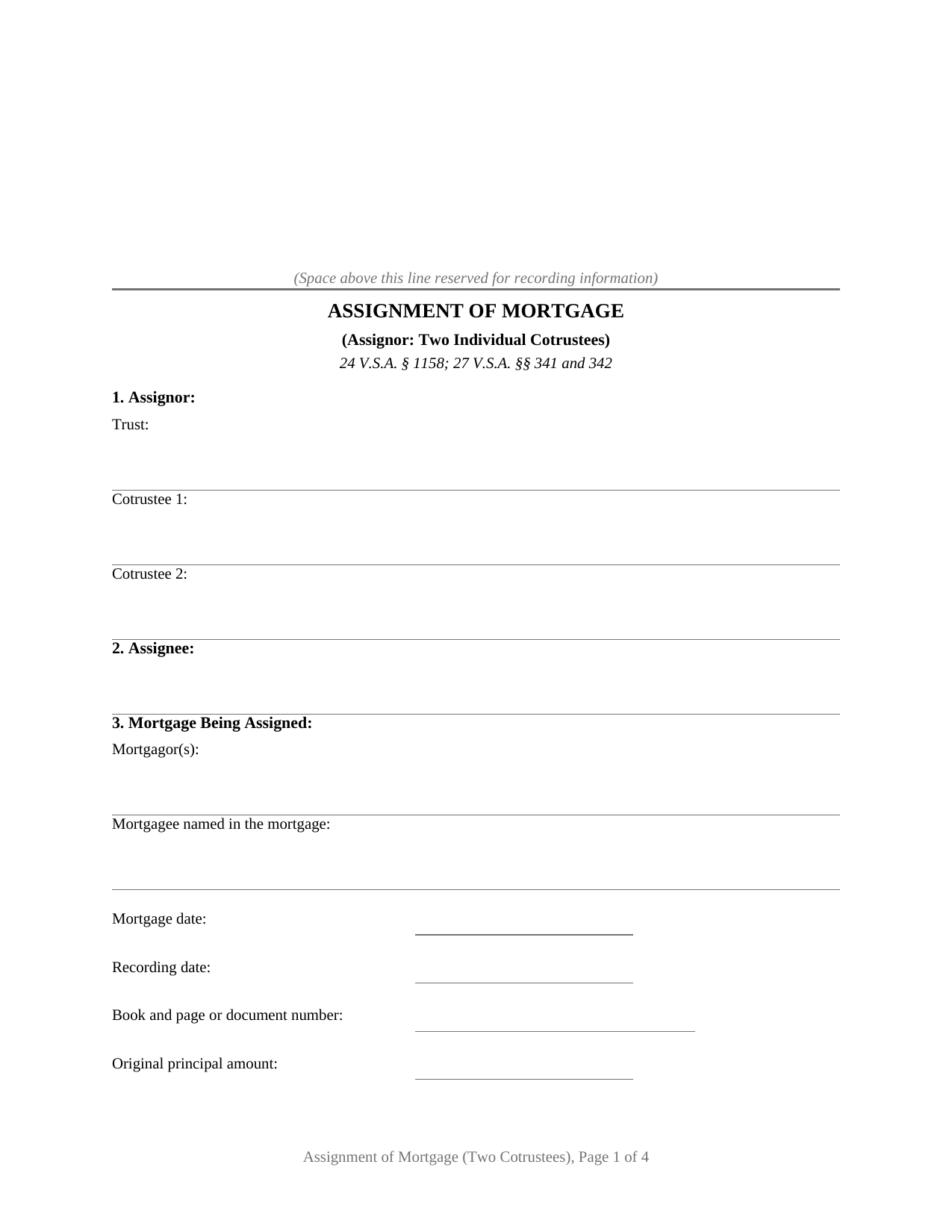 Vermont Assignment of Mortgage (Two Individual Cotrustees)