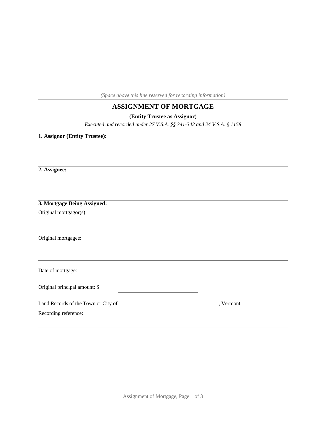 Vermont Assignment of Mortgage (Entity Trustee)