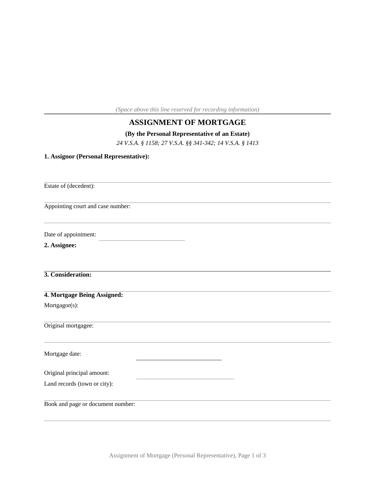 Vermont Assignment of Mortgage (Personal Representative)