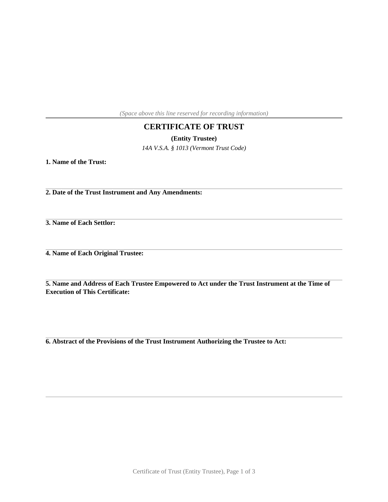 Vermont Certificate of Trust (Entity Trustee)