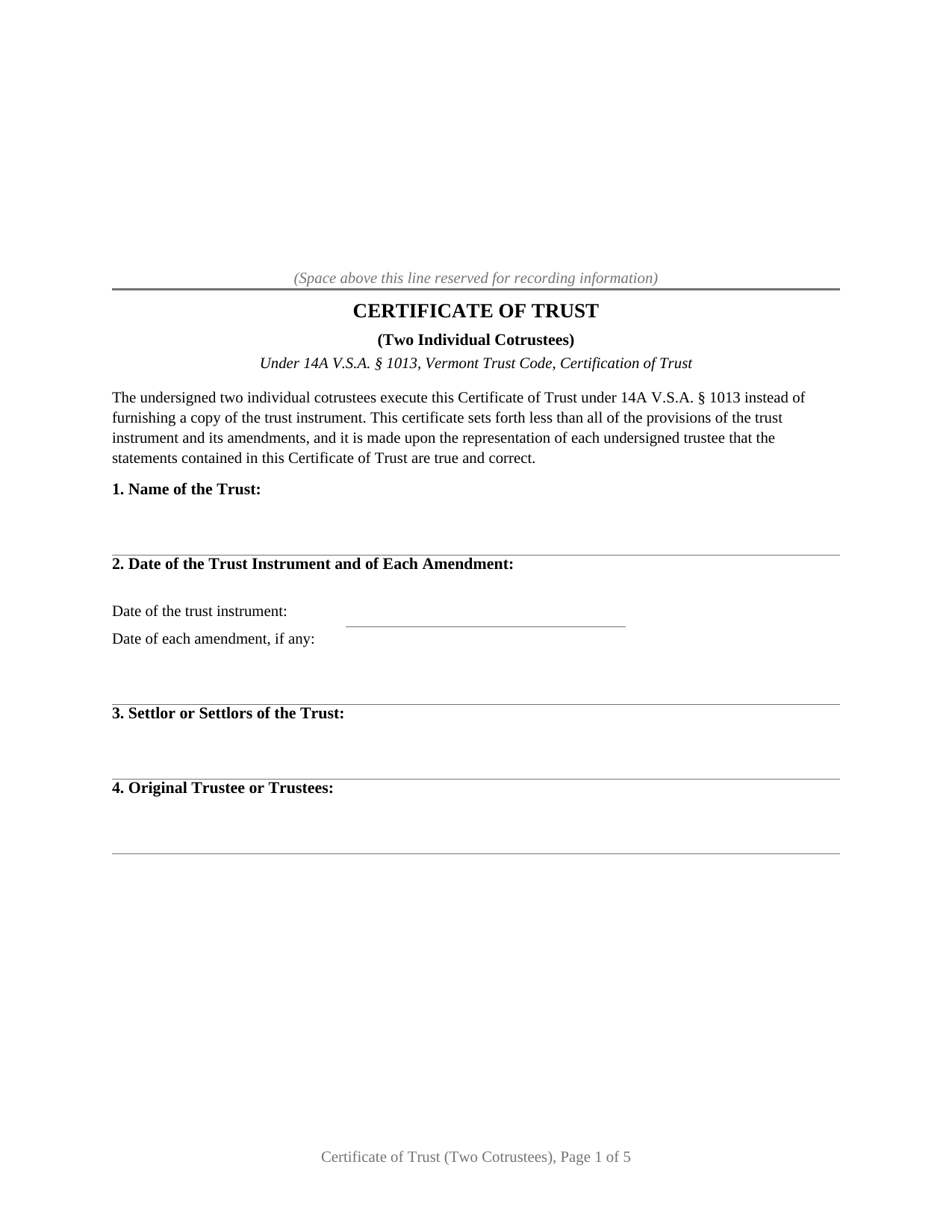 Vermont Certificate of Trust (Two Individual Cotrustees)