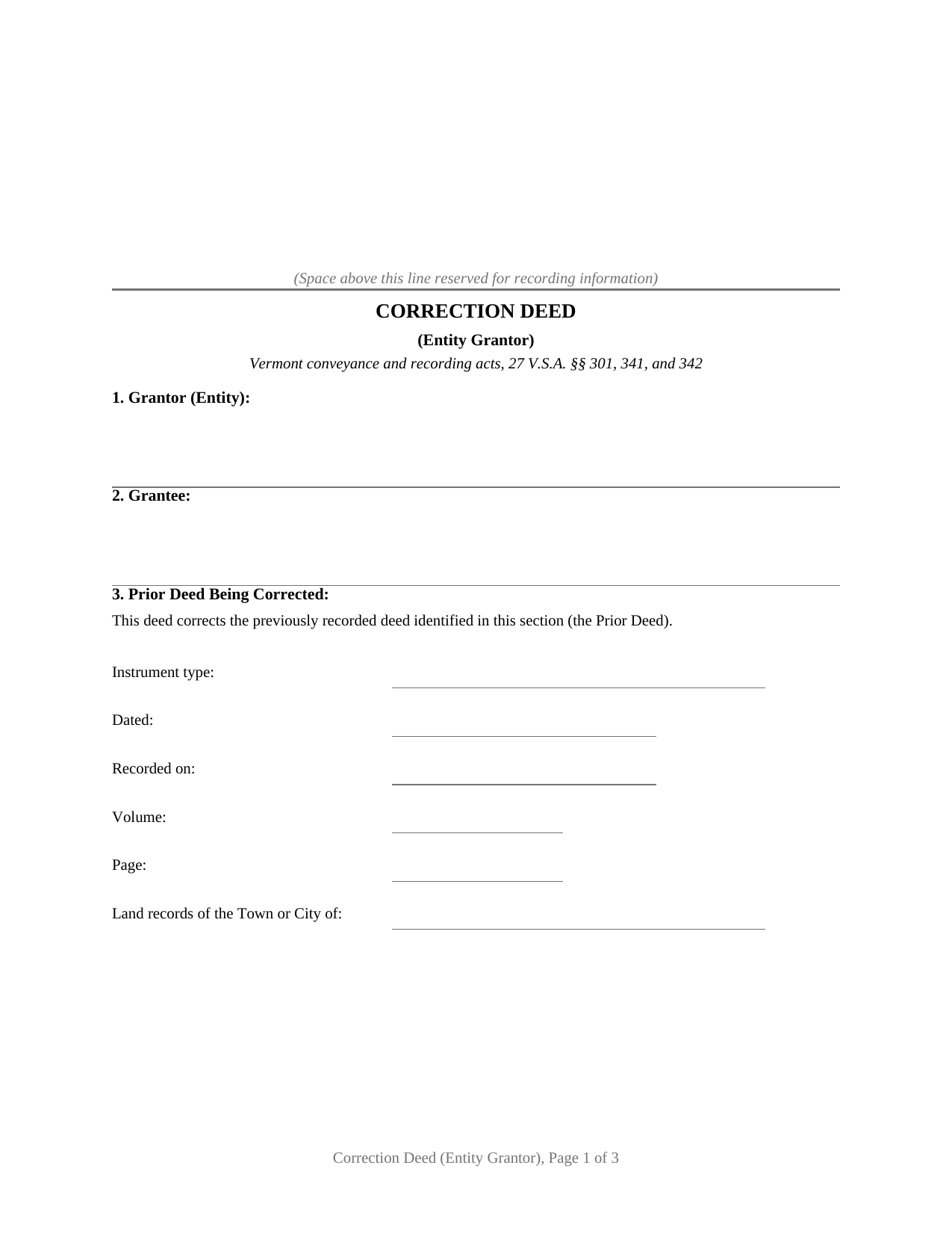 Vermont Correction Deed (Entity Grantor)