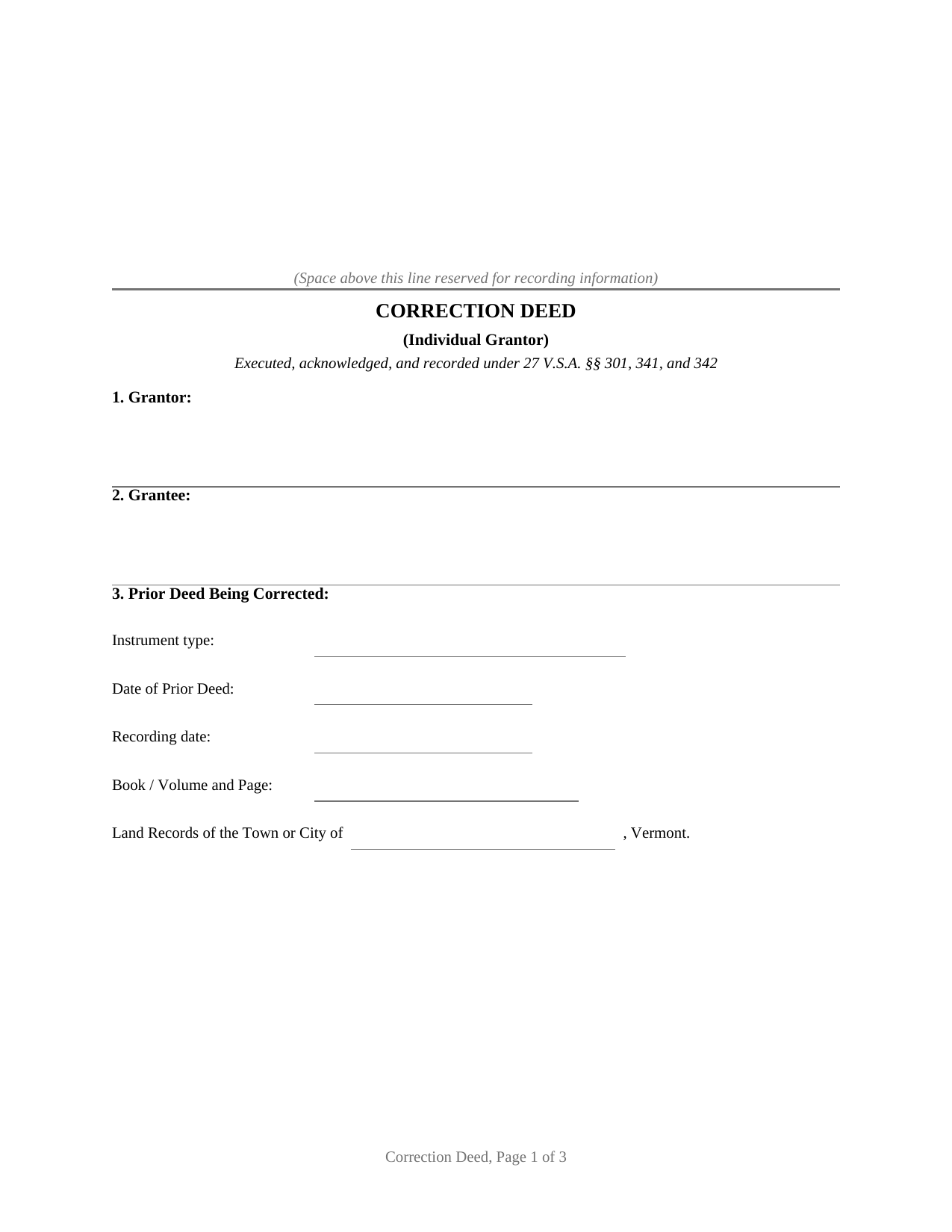 Vermont Correction Deed (Individual Grantor)