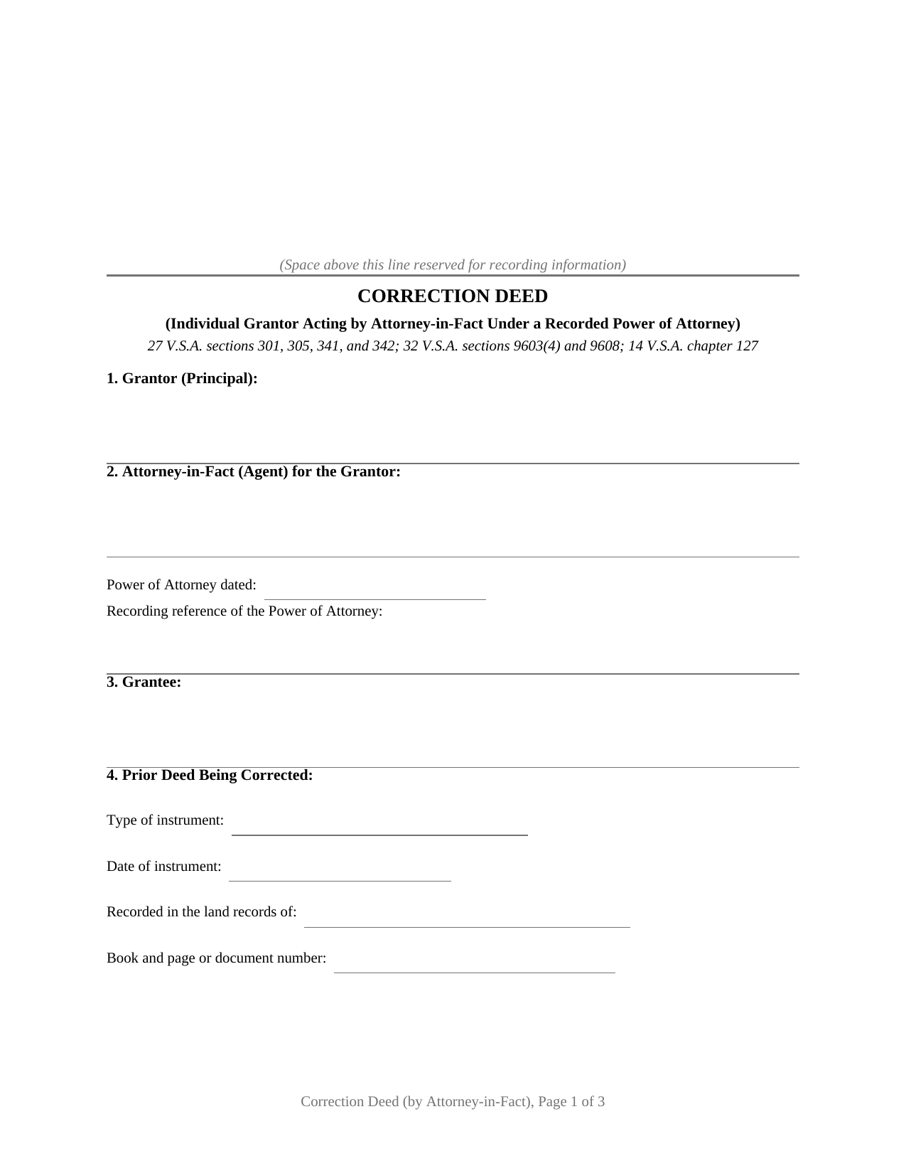Vermont Correction Deed (Individual Grantor by Attorney-in-Fact under POA)