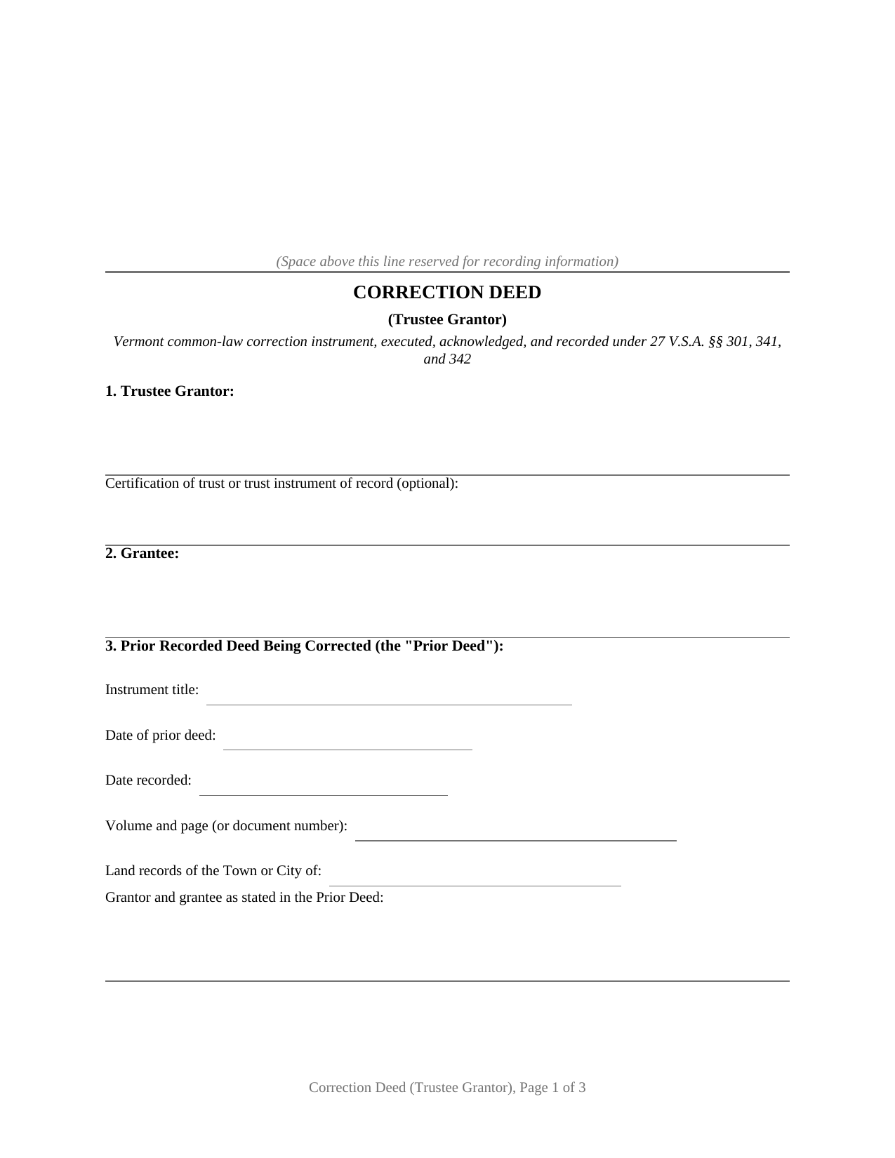 Vermont Correction Deed (Trustee Grantor)