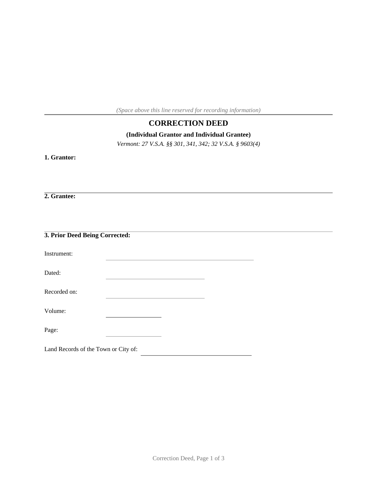 Vermont Correction Deed (Individual Grantor and Individual Grantee)