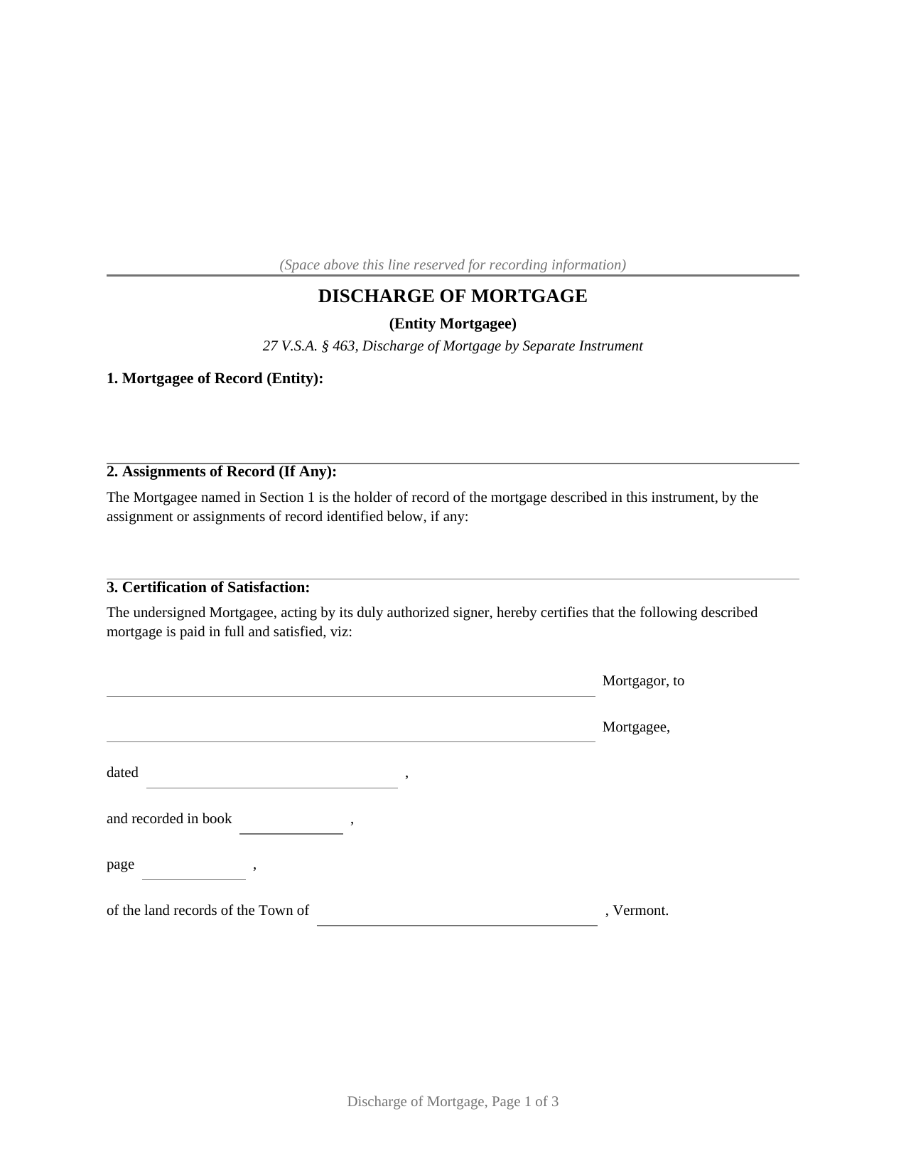 Vermont Discharge of Mortgage (Entity)